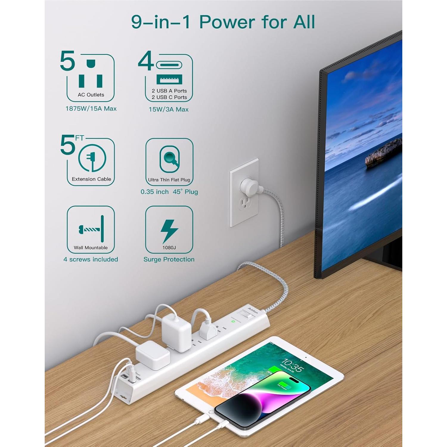 Regleta de 5 Salidas AC y 4 Puertos USB Addtam 1.52m