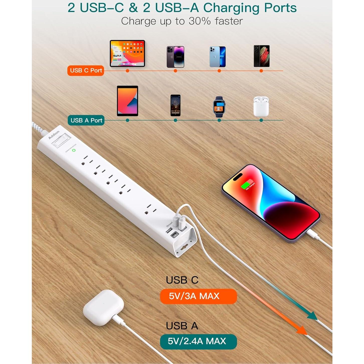Regleta de 5 Salidas AC y 4 Puertos USB Addtam 1.52m
