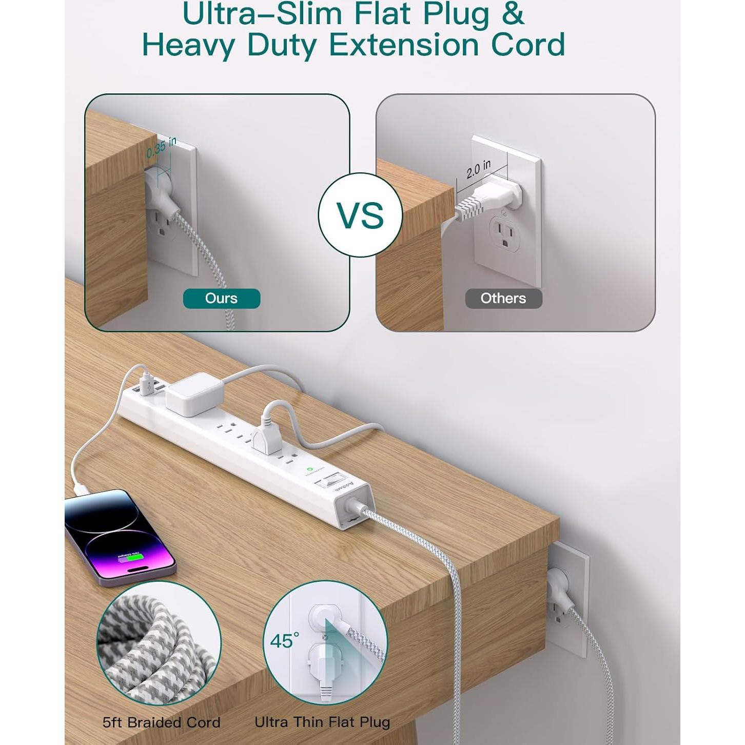 Regleta de 5 Salidas AC y 4 Puertos USB Addtam 1.52m