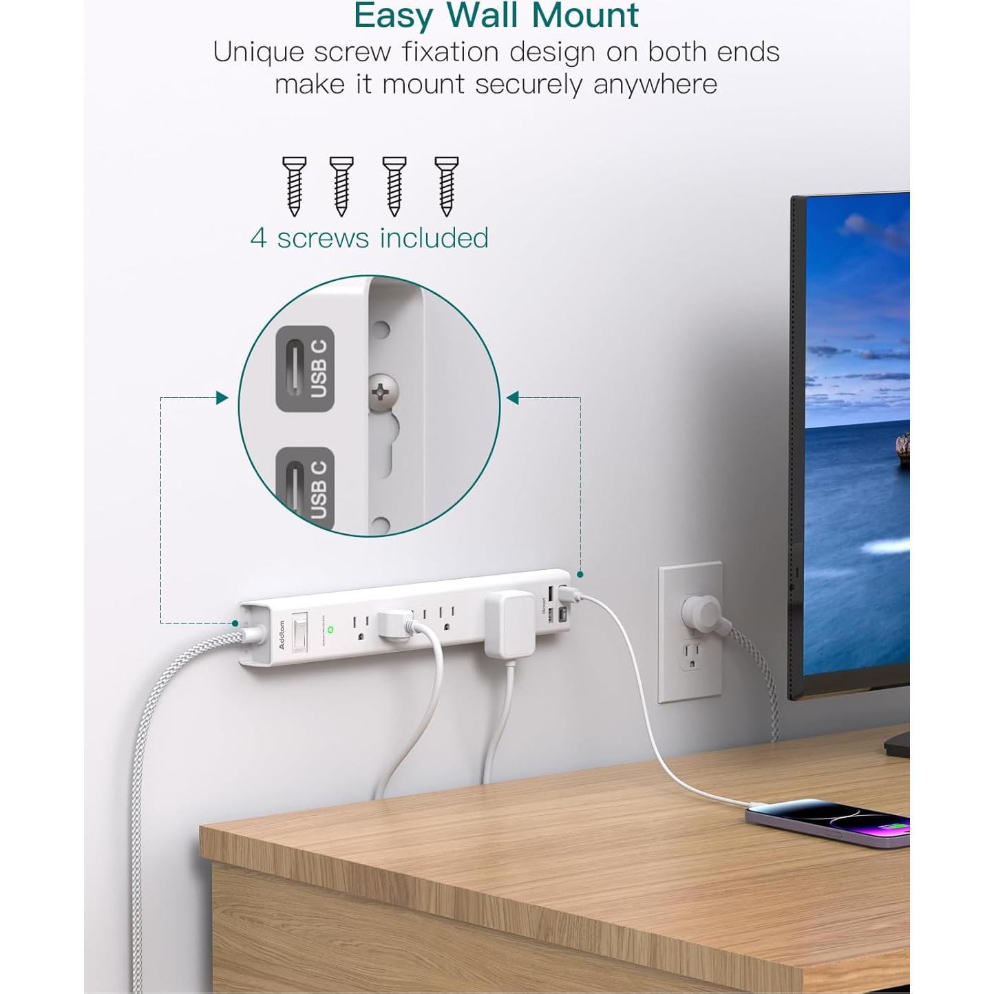 Regleta de 5 Salidas AC y 4 Puertos USB Addtam 1.52m