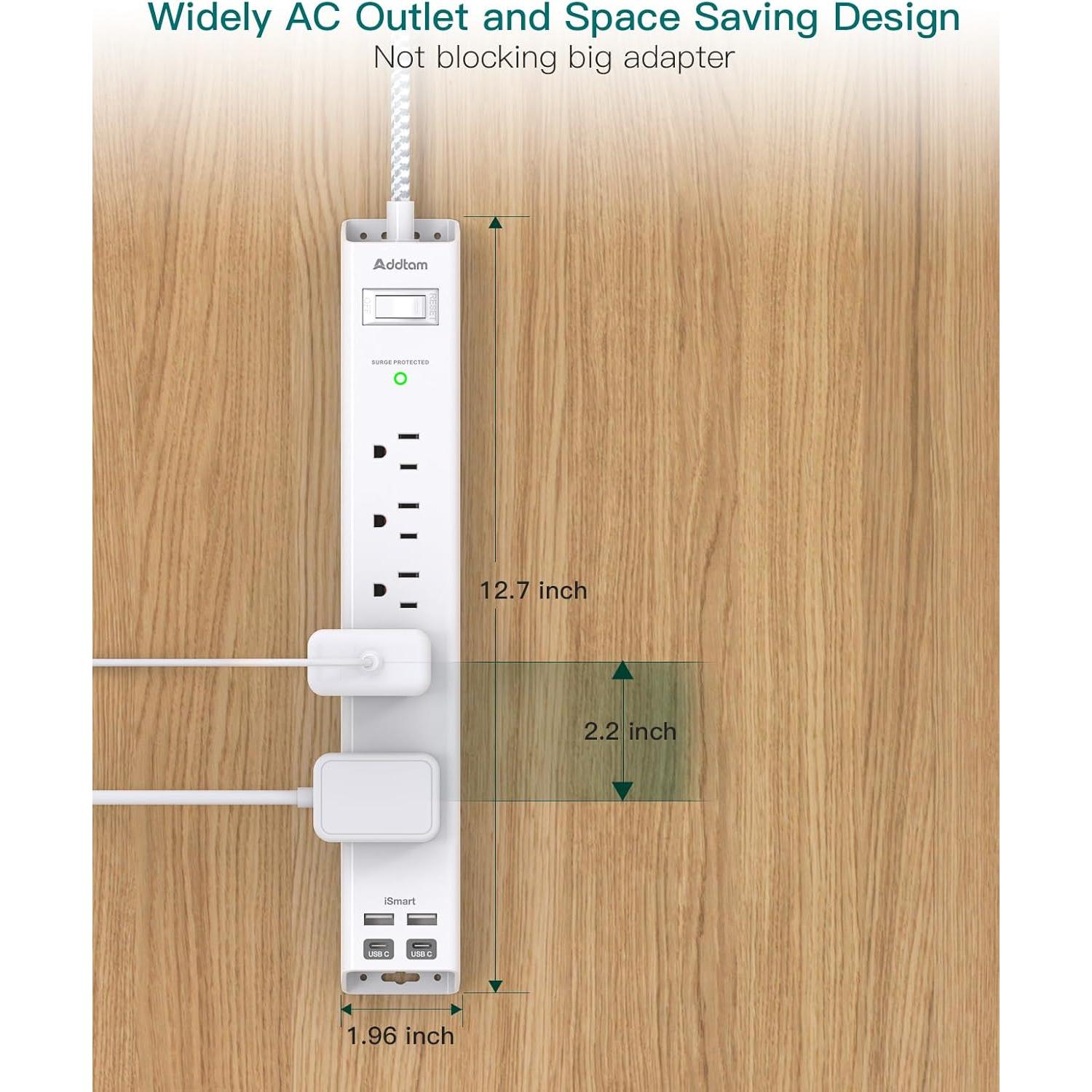 Regleta de 5 Salidas AC y 4 Puertos USB Addtam 1.52m