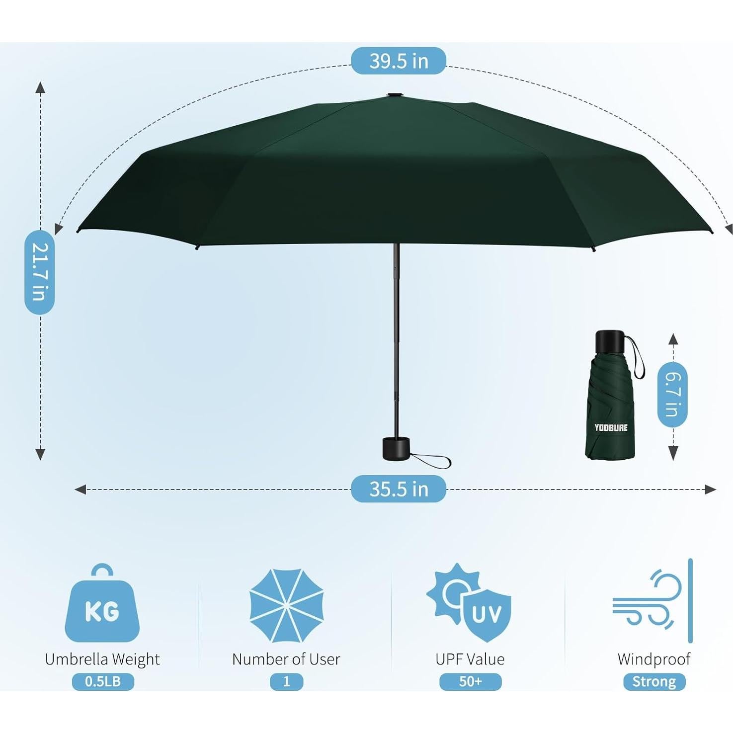 Paraguas Mini Compacto Yoobure Verde Oscuro 100 cm UV 50+