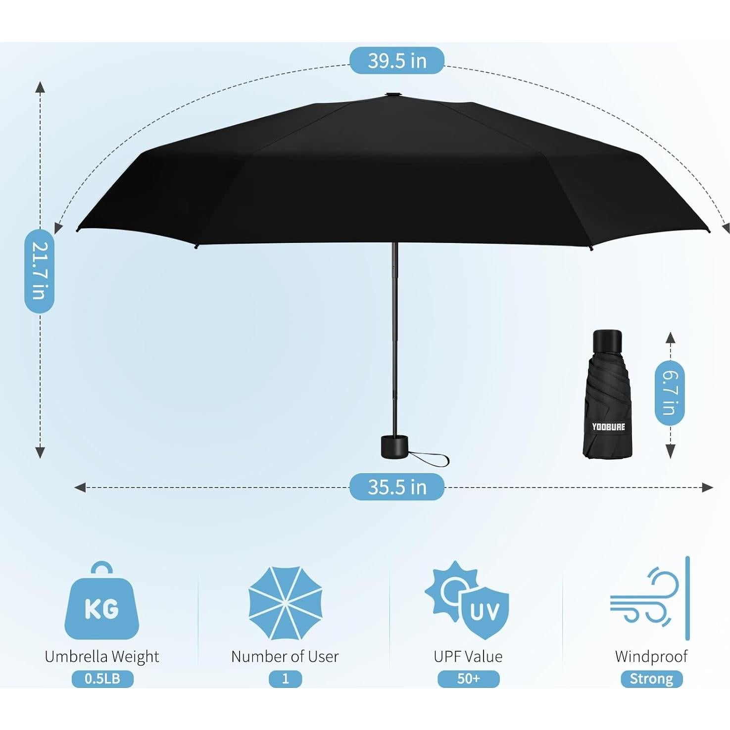 Paraguas Mini Compacto Yoobure Negro 100 cm UV 99% Portátil