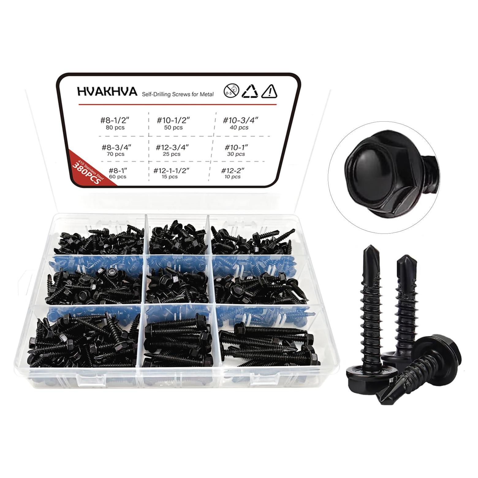 Juego de Tornillos Autoperforantes HVAKHVA Acero Inoxidable 410 380 Pzas