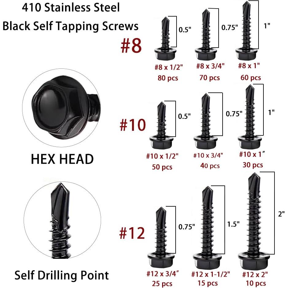 Juego de Tornillos Autoperforantes HVAKHVA Acero Inoxidable 410 380 Pzas