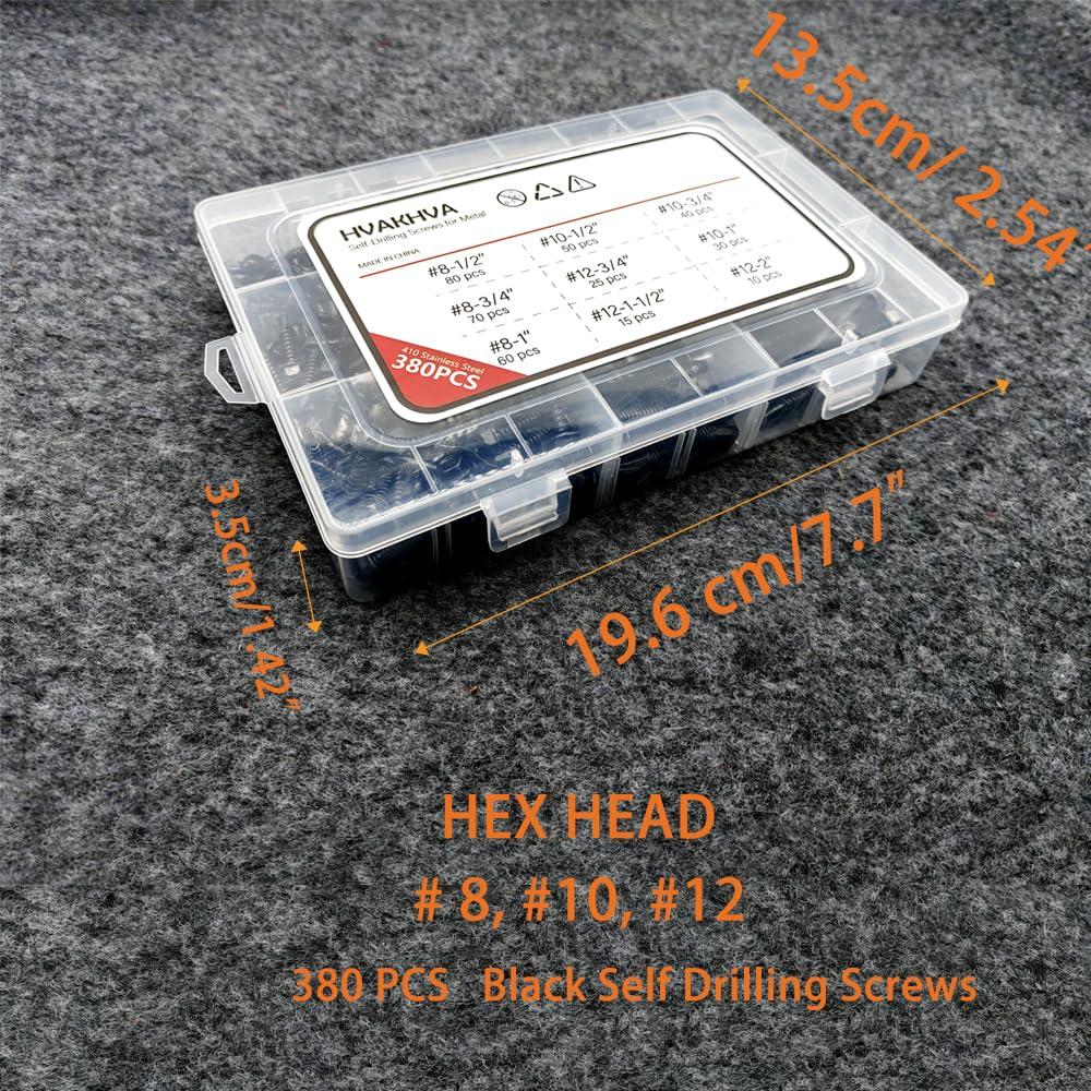 Juego de Tornillos Autoperforantes HVAKHVA Acero Inoxidable 410 380 Pzas