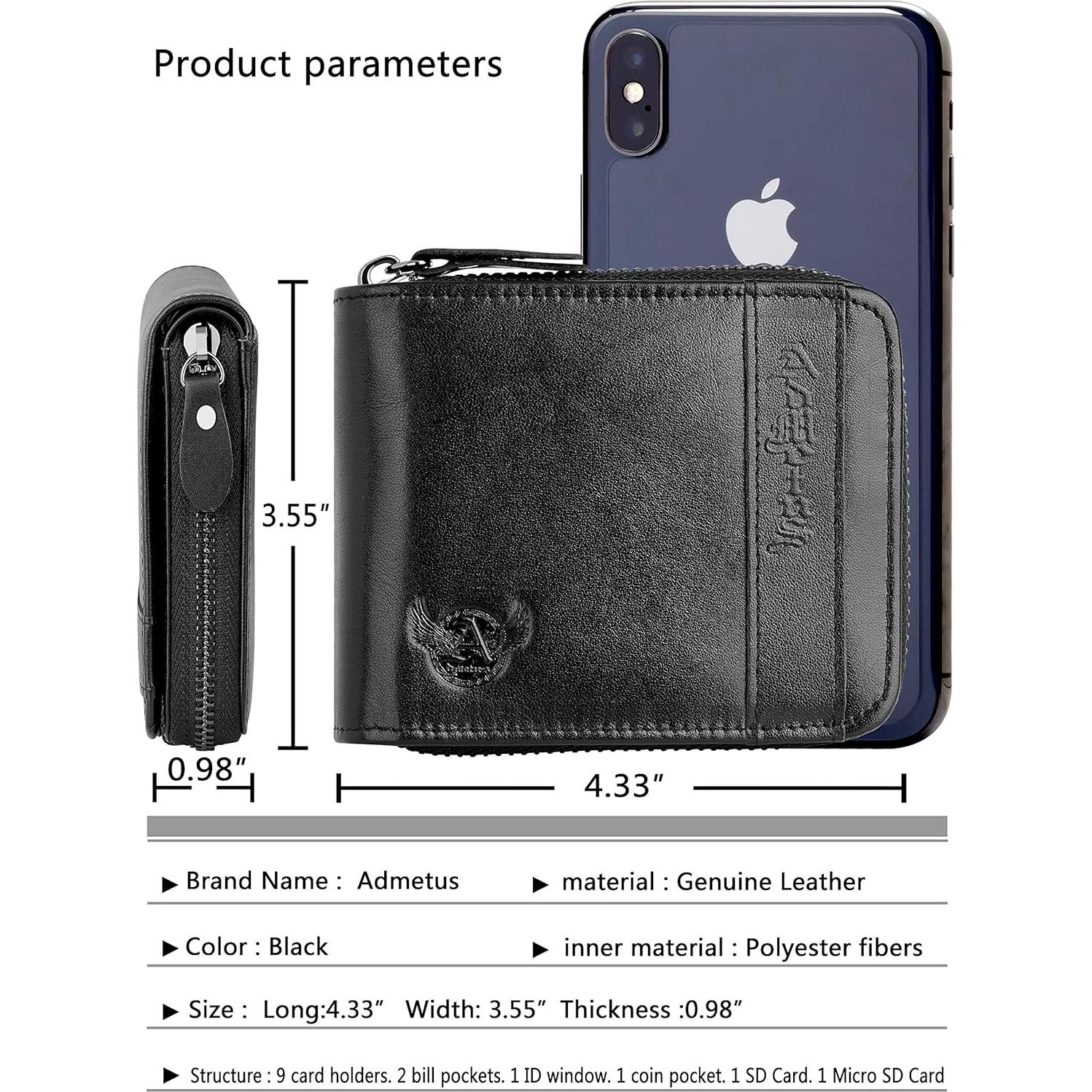 Cartera Bifold de Cuero Genuino Admetus con Cierre y RFID