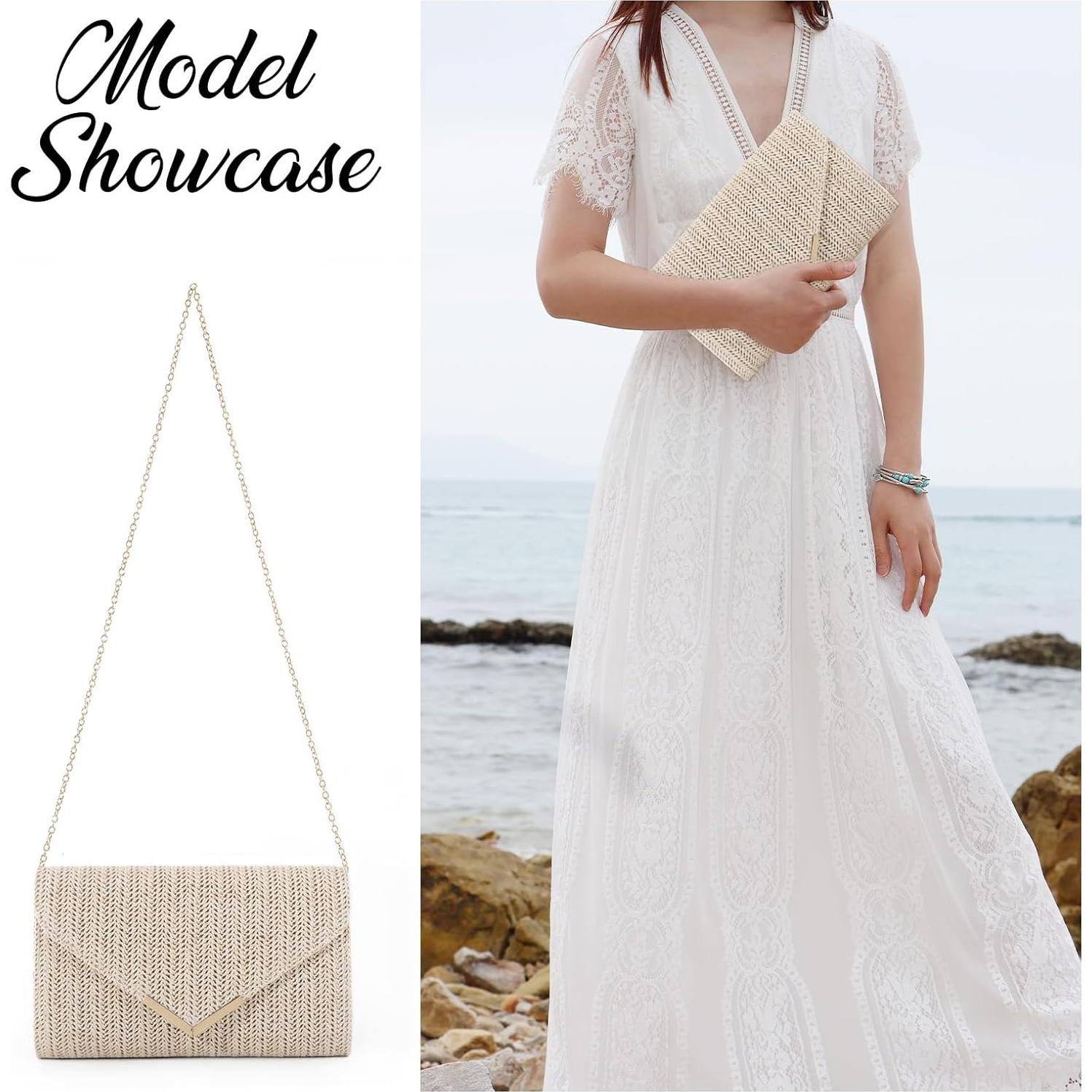 Bolso de Mano de Paja GOKTOW Clutch Beige 27x6x16cm