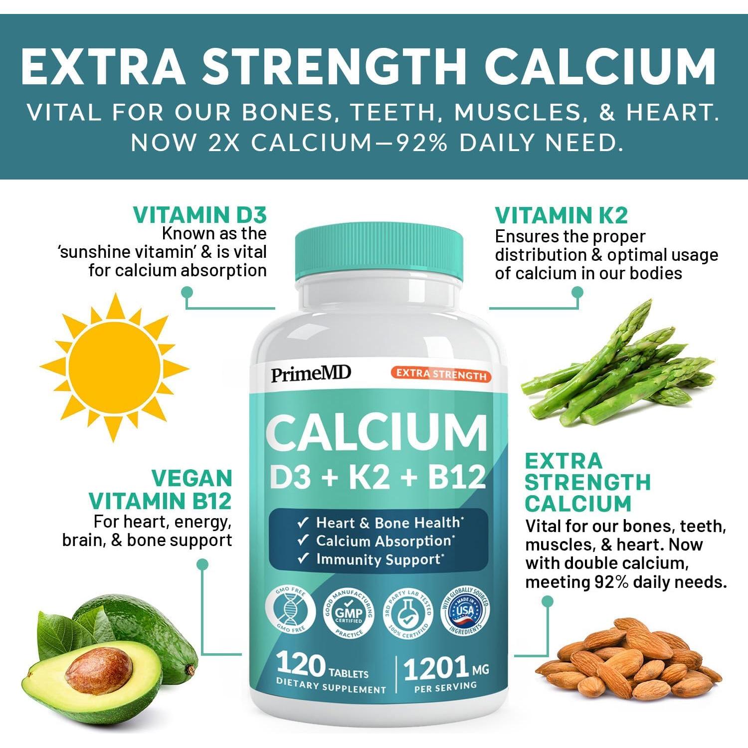 Suplemento de Calcio 1200mg con Vitamina D3 y K2 - 120 cápsulas