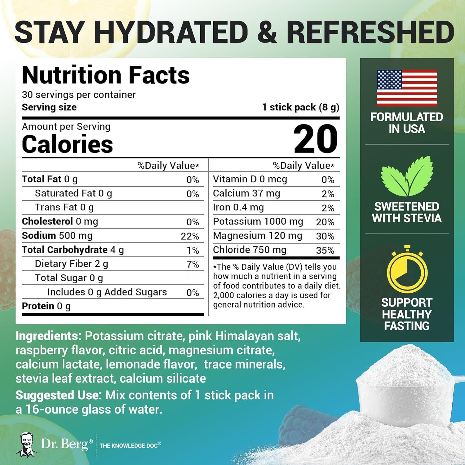 Polvo de Electrolitos Dr. Berg - Hidratación Deportiva 30 Paquetes