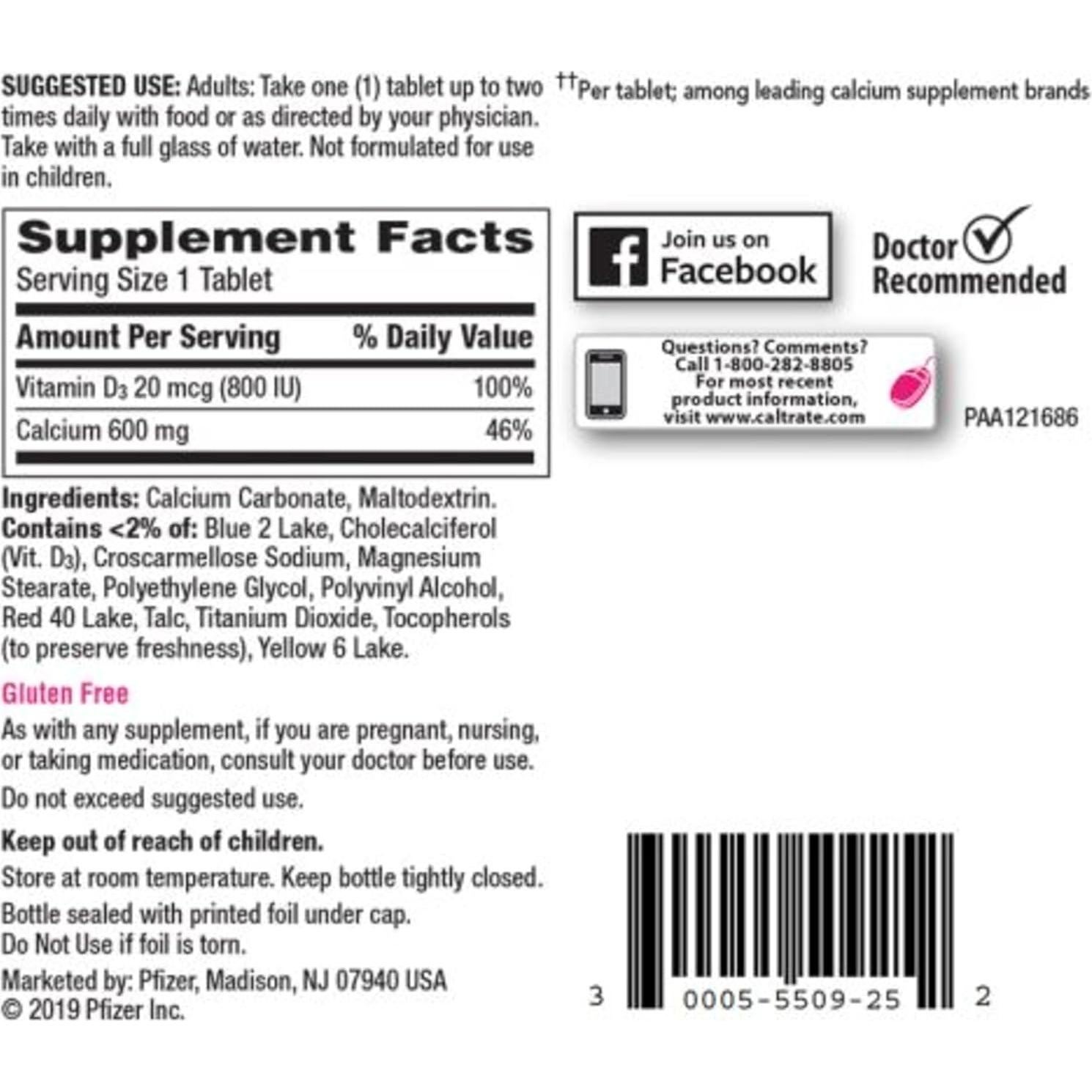 Caltrate 600 Plus D3 Suplemento de Calcio y Vitamina D - 200 Tabletas