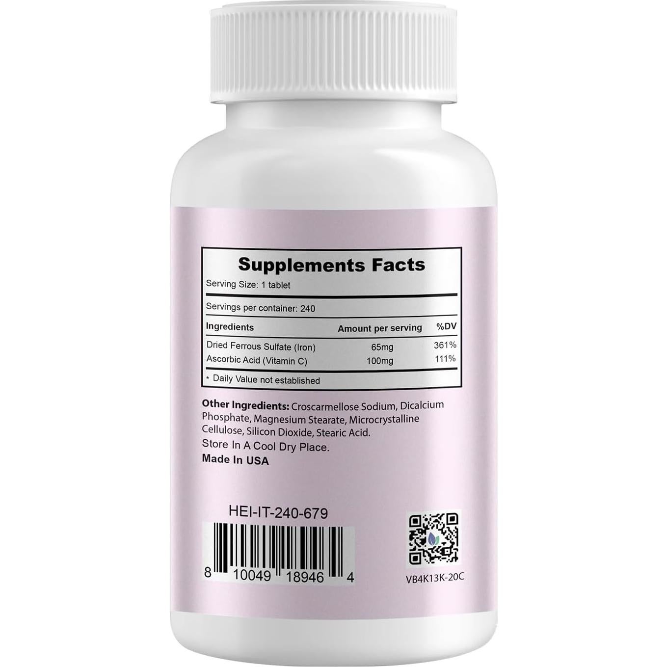 Sulfato Ferroso 325mg Heivy - Suplemento de Hierro con Vitamina C - 240 Tabletas