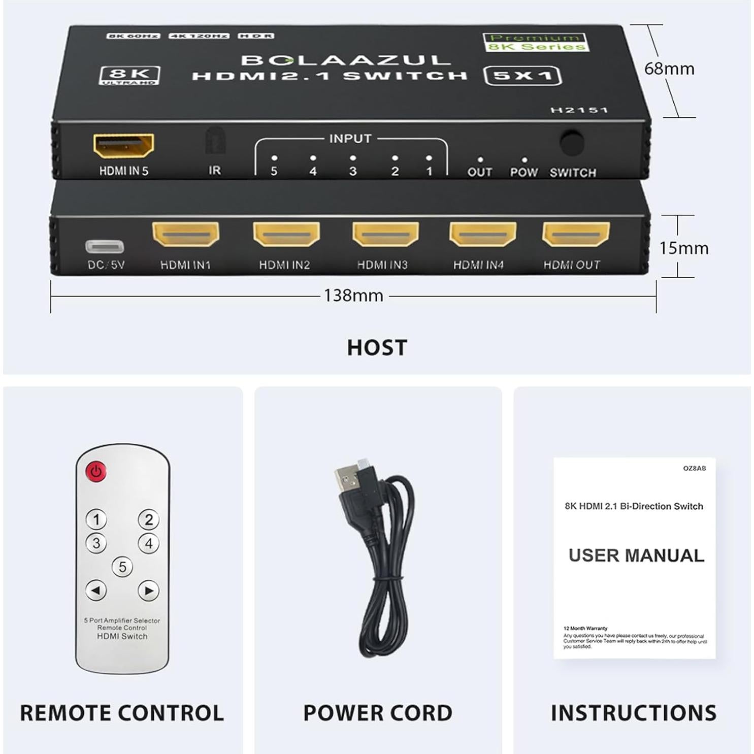 Interruptor HDMI 2.1 5 en 1 BolAAzuL H2151 8K 4K 120Hz