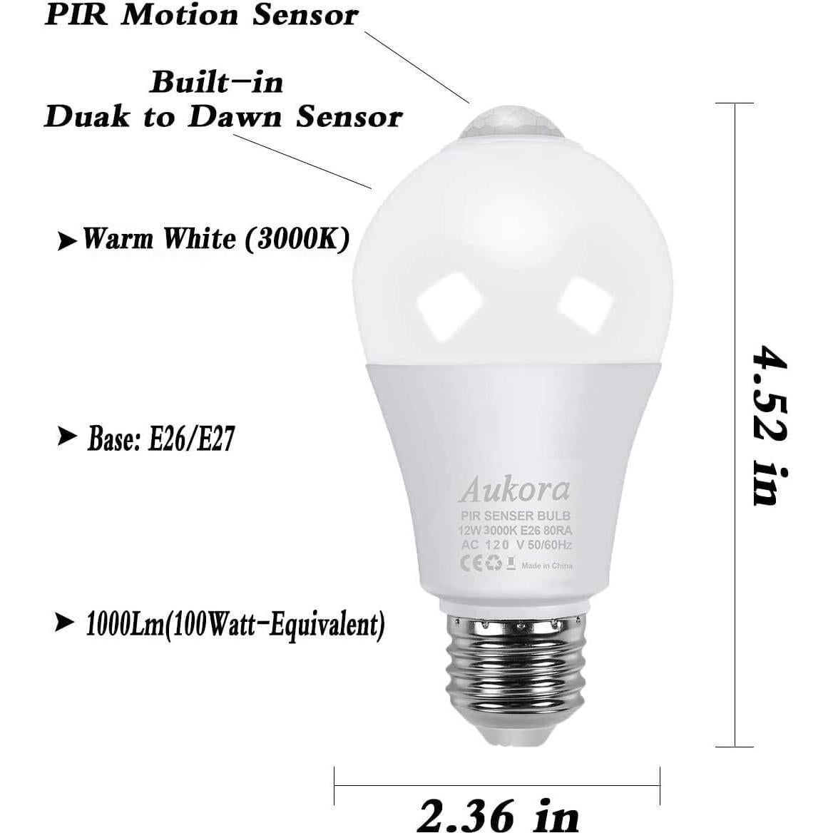 Bombilla LED Aukora 12W E26 con Sensor de Movimiento Blanco Cálido