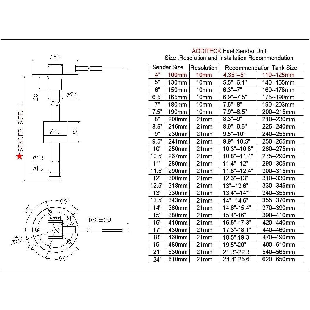 Unidad de Envió de Combustible AODITECK 100mm 240-33 Ohmios