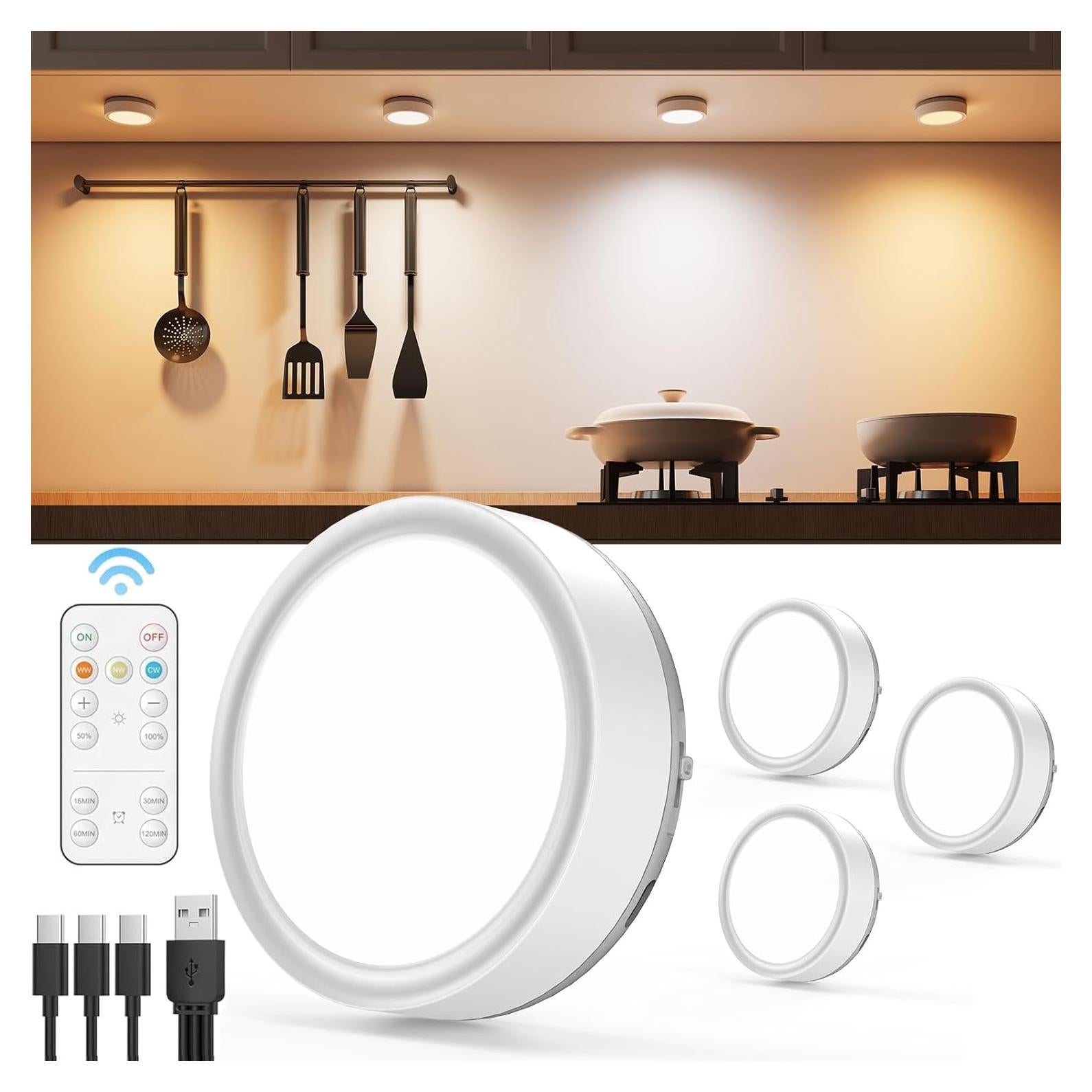 Luces LED Puck Recargables Vloee 4 Pcs 2400mAh Control Remoto