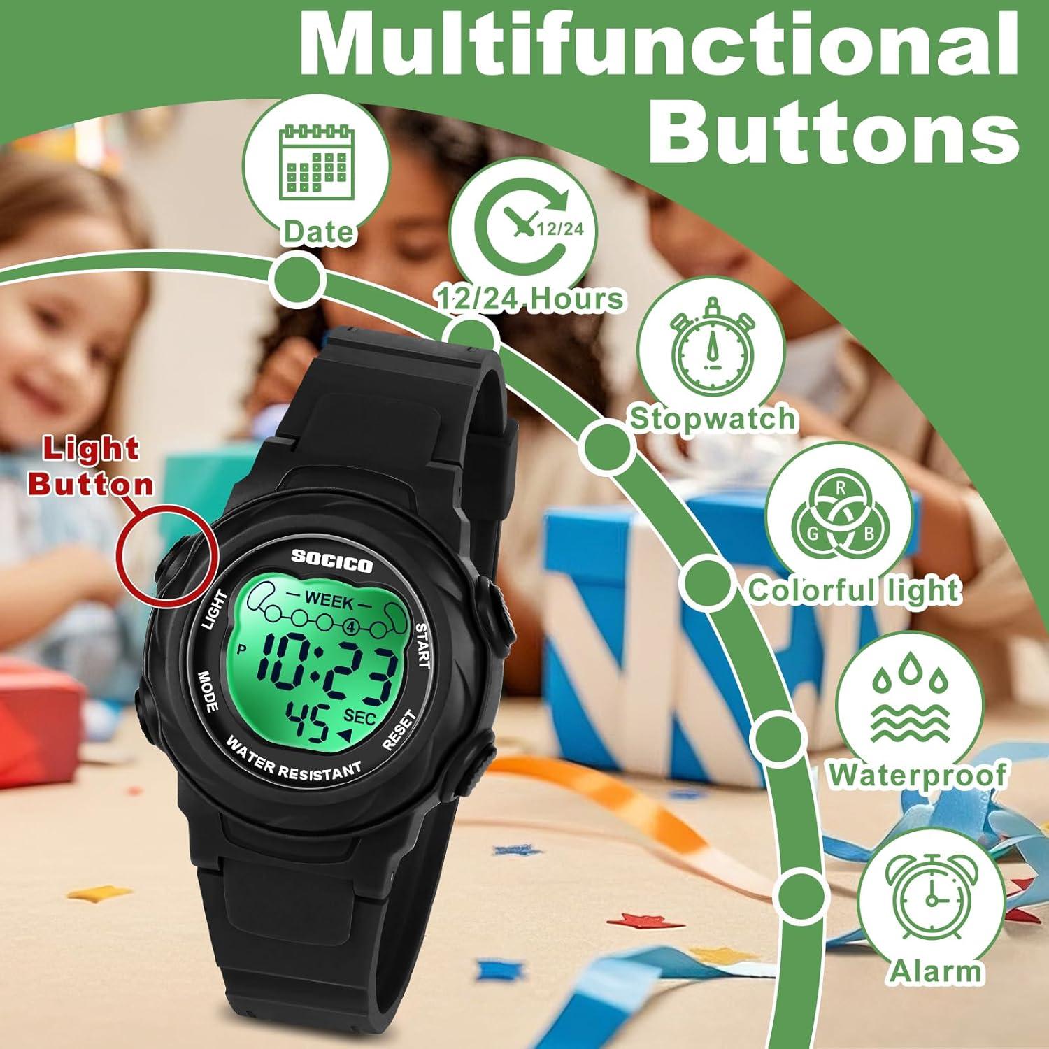 Reloj Digital Infantil SOCICO Impermeable 7 Colores Cronómetro