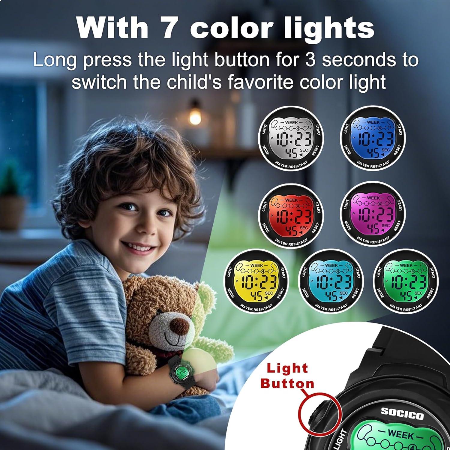 Reloj Digital Infantil SOCICO Impermeable 7 Colores Cronómetro