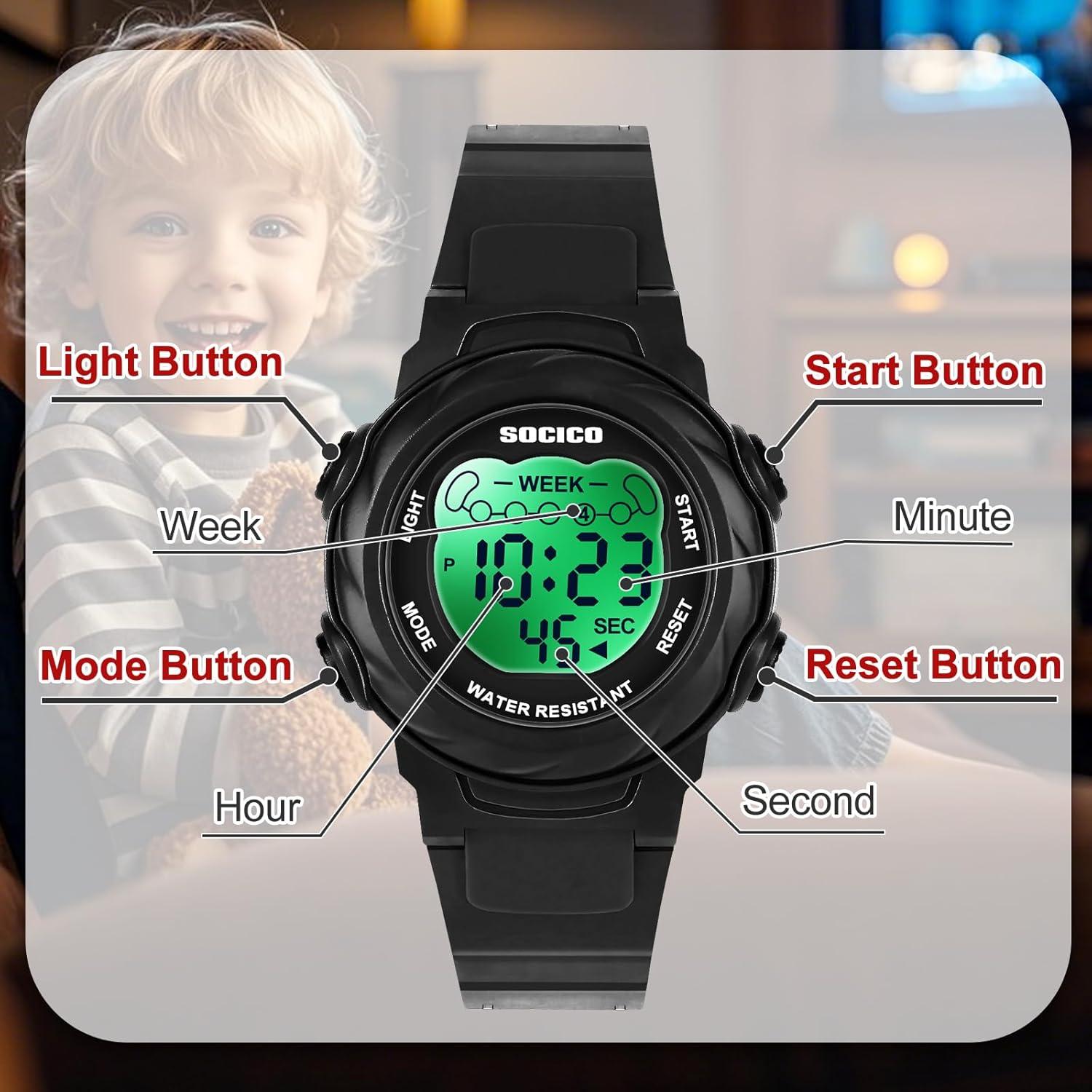 Reloj Digital Infantil SOCICO Impermeable 7 Colores Cronómetro