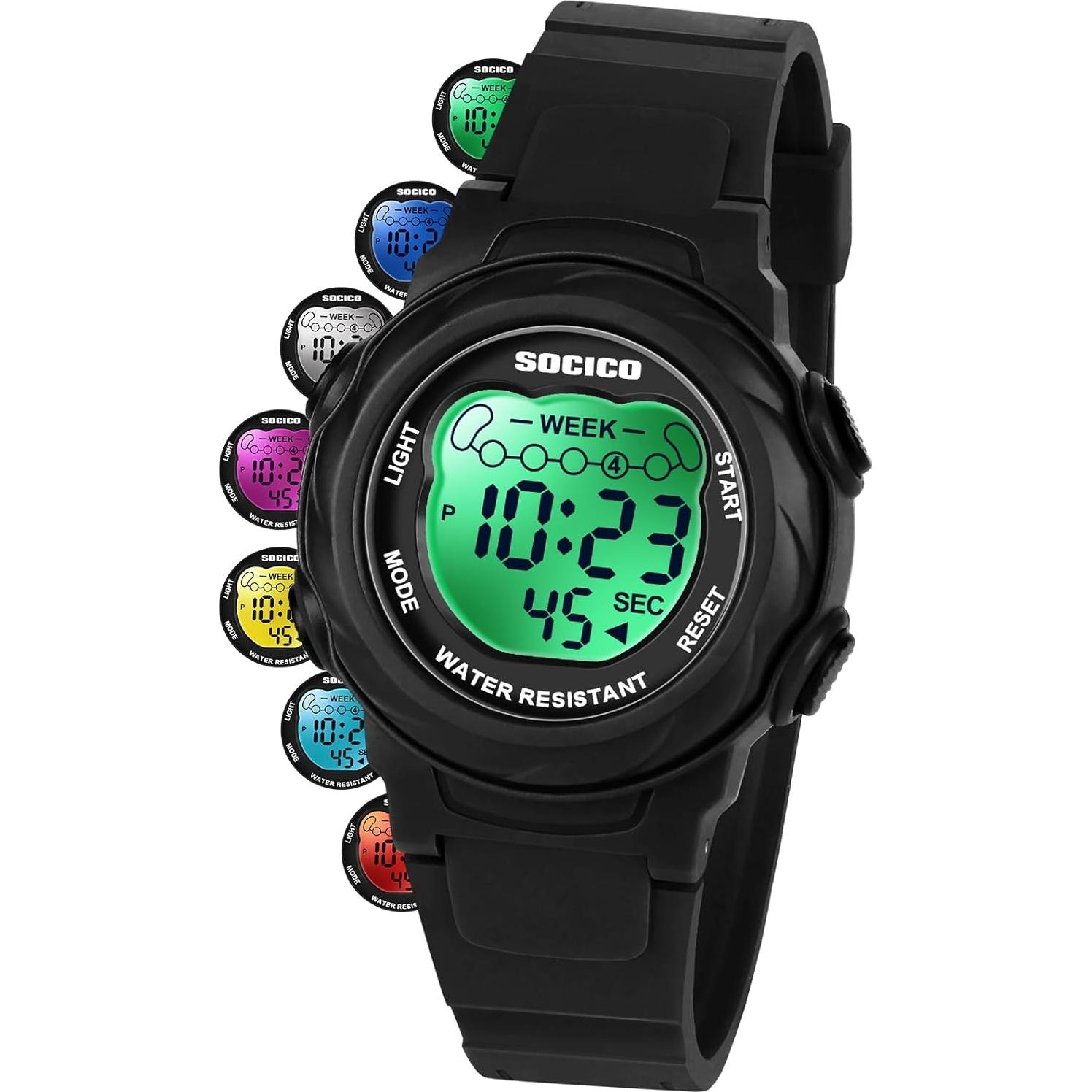 Reloj Digital Infantil SOCICO Impermeable 7 Colores Cronómetro