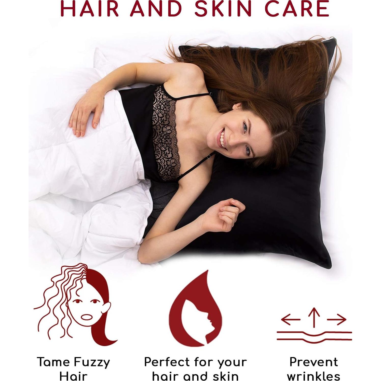 Funda de Almohada de Seda Pura Mellanni Estándar Negra - Cuidado Cabello y Piel