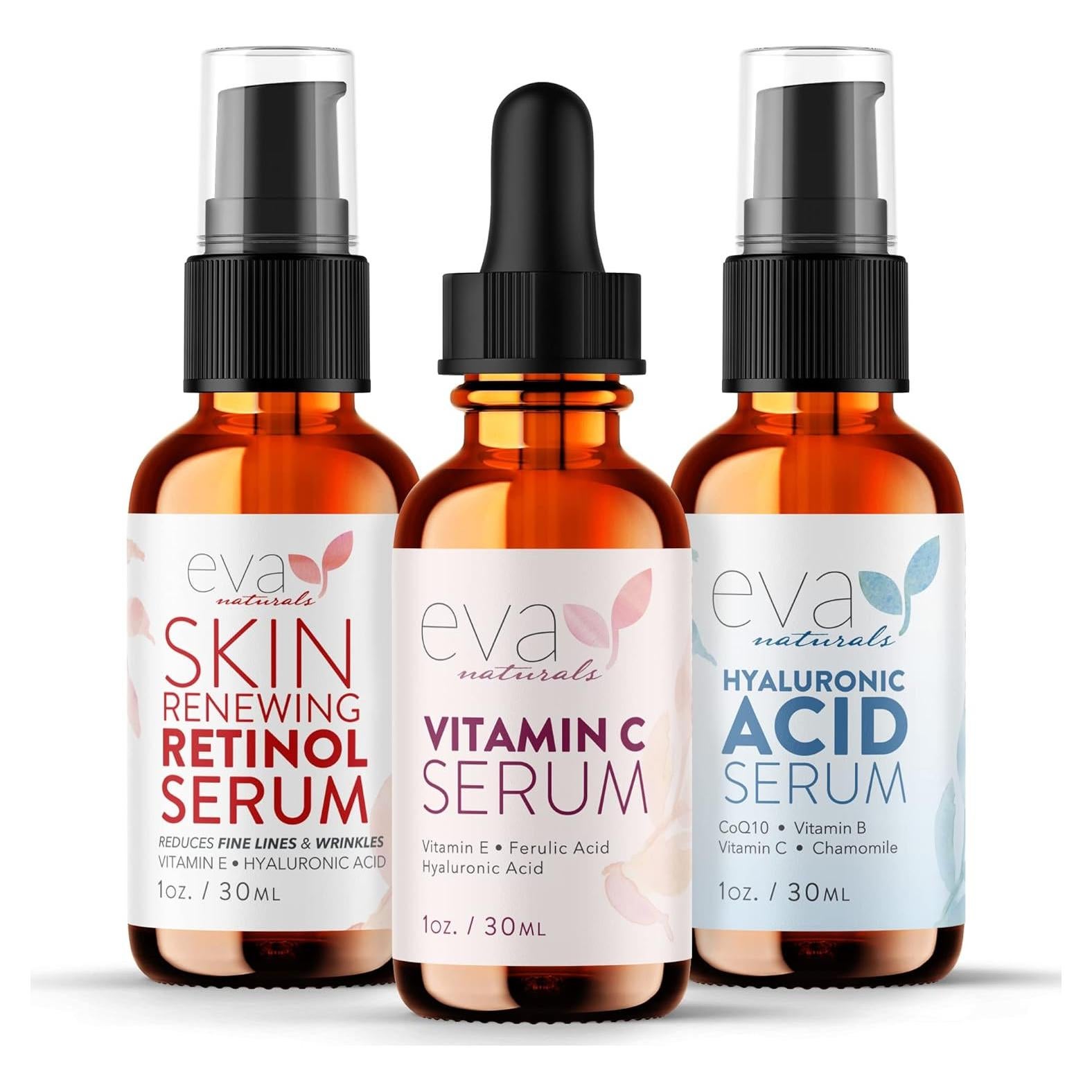 Paquete de Sueros Anti-Envejecimiento Eva Naturals - Vitamina C, Retinol y Ácido Hialurónico