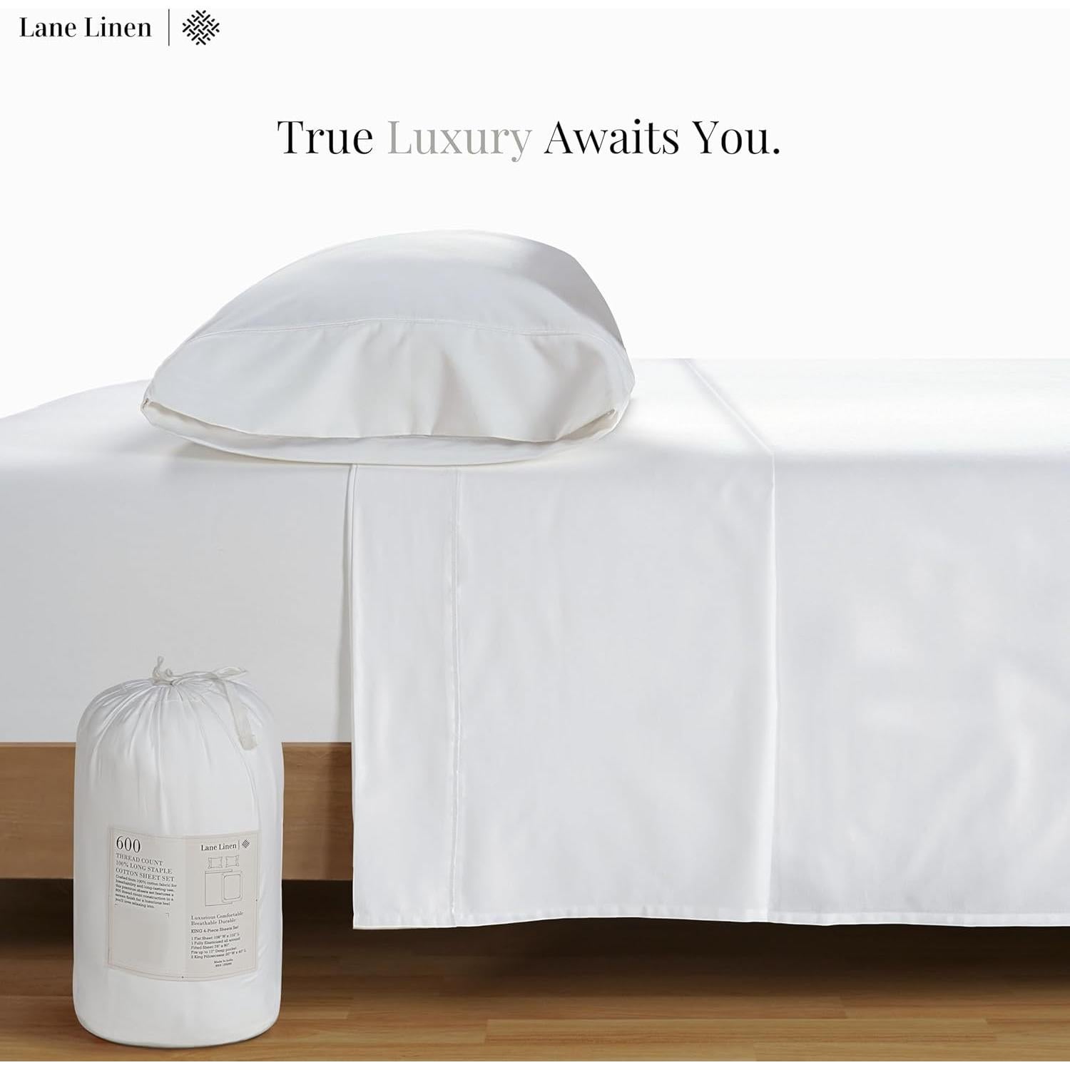 Juego de Sábanas Twin Lane Linen 600 Hilos 100% Algodón Blanco