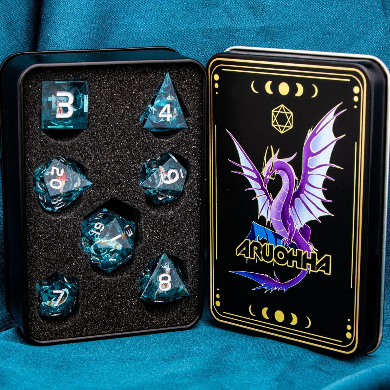 Juego de Dados DND ARUOHHA 7 Piezas Resina Azul Hecho a Mano