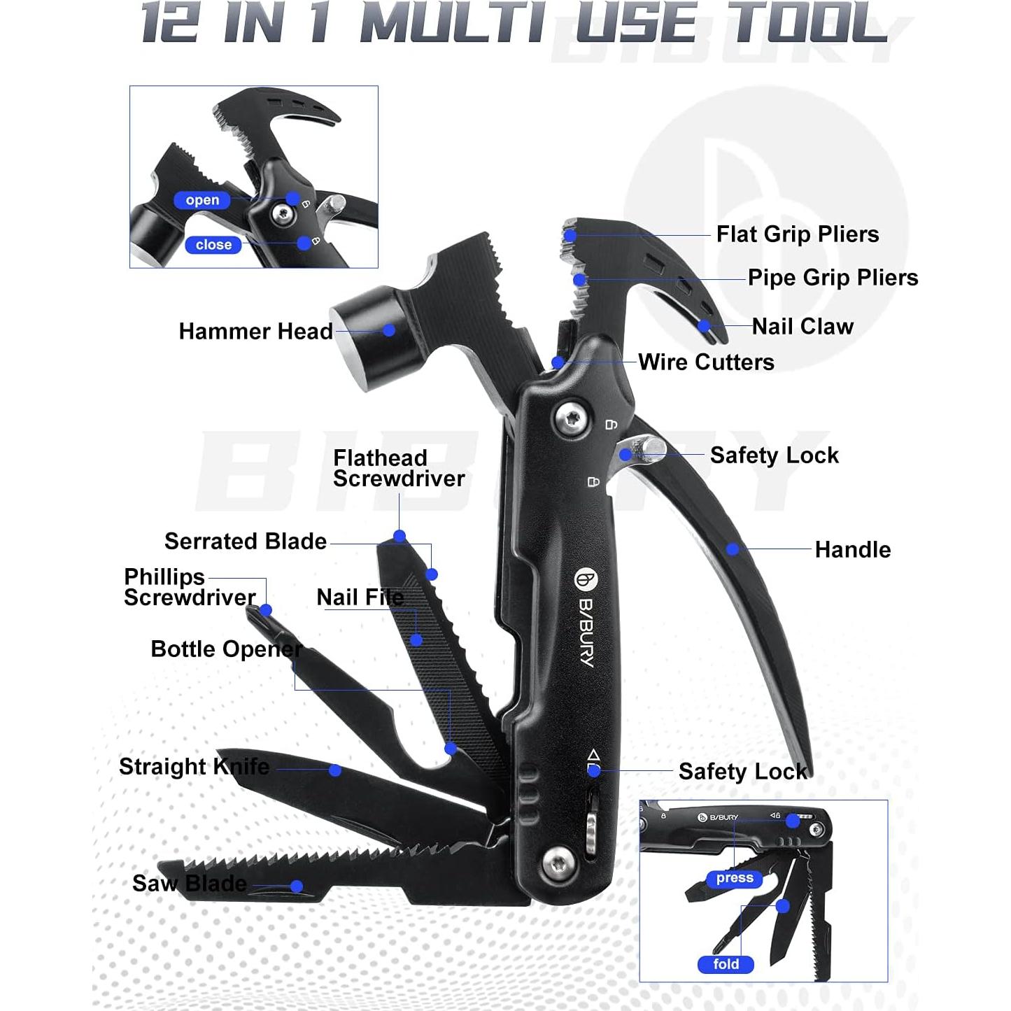 BIBURY Martillo Multiherramienta 12 en 1 con Bloqueo Seguridad