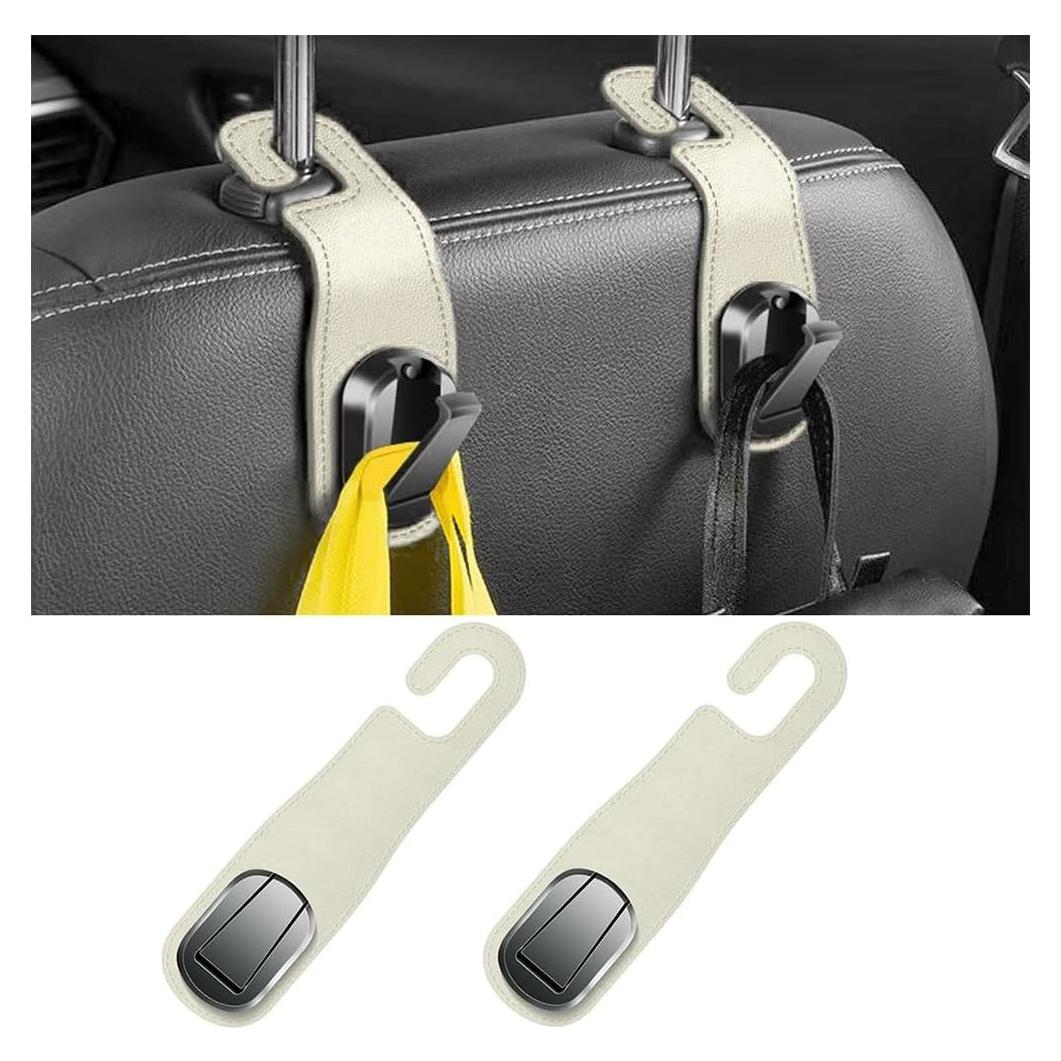 Car Headrest Hooks, 2PCS Leather Vehicle Seat Hangers for Handbag Coat Umbrellas, Multifunctional Automotive Hanging Storage Organizer Accessories, Universal for SUV, Sedan, Truck (Beige)