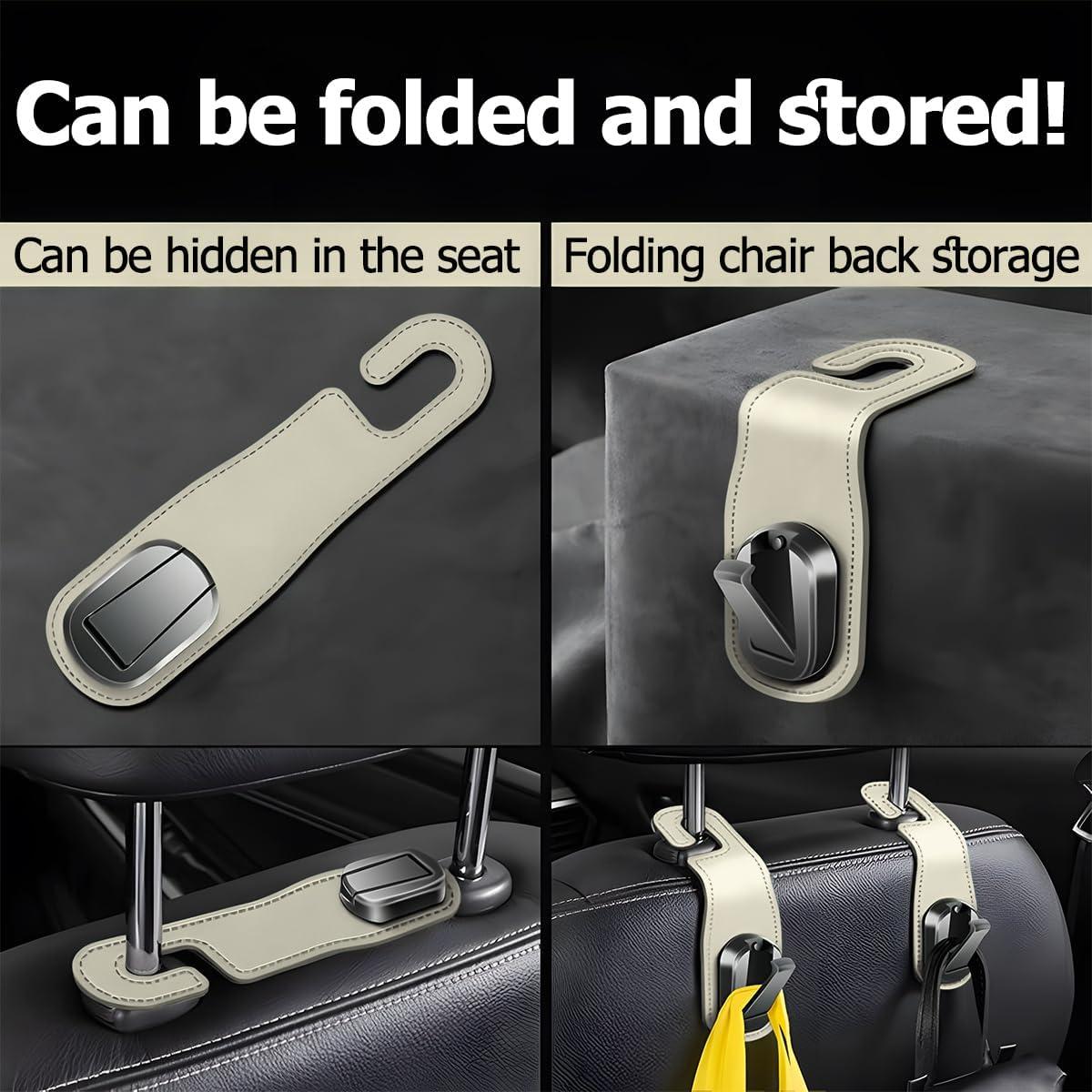 Car Headrest Hooks, 2PCS Leather Vehicle Seat Hangers for Handbag Coat Umbrellas, Multifunctional Automotive Hanging Storage Organizer Accessories, Universal for SUV, Sedan, Truck (Beige)