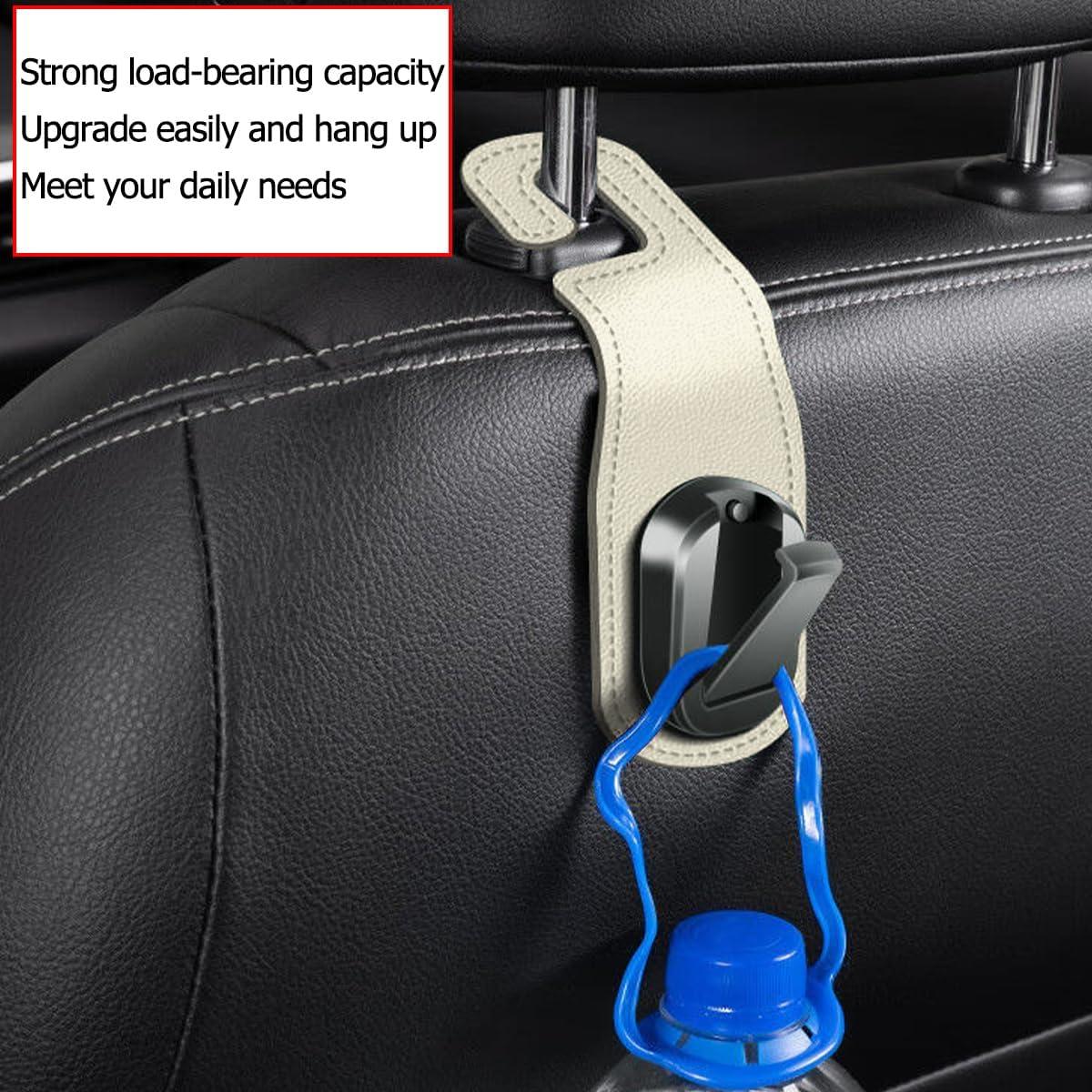 Car Headrest Hooks, 2PCS Leather Vehicle Seat Hangers for Handbag Coat Umbrellas, Multifunctional Automotive Hanging Storage Organizer Accessories, Universal for SUV, Sedan, Truck (Beige)