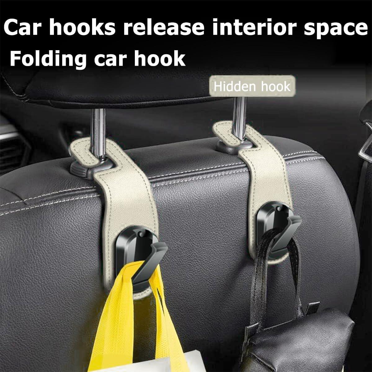 Car Headrest Hooks, 2PCS Leather Vehicle Seat Hangers for Handbag Coat Umbrellas, Multifunctional Automotive Hanging Storage Organizer Accessories, Universal for SUV, Sedan, Truck (Beige)