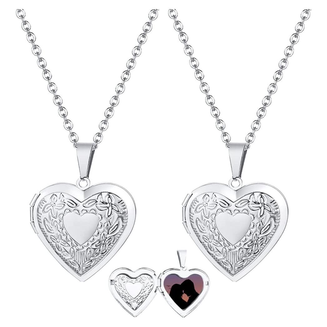 Collar Locket de Acero Inoxidable 2 Piezas Corazón Plata