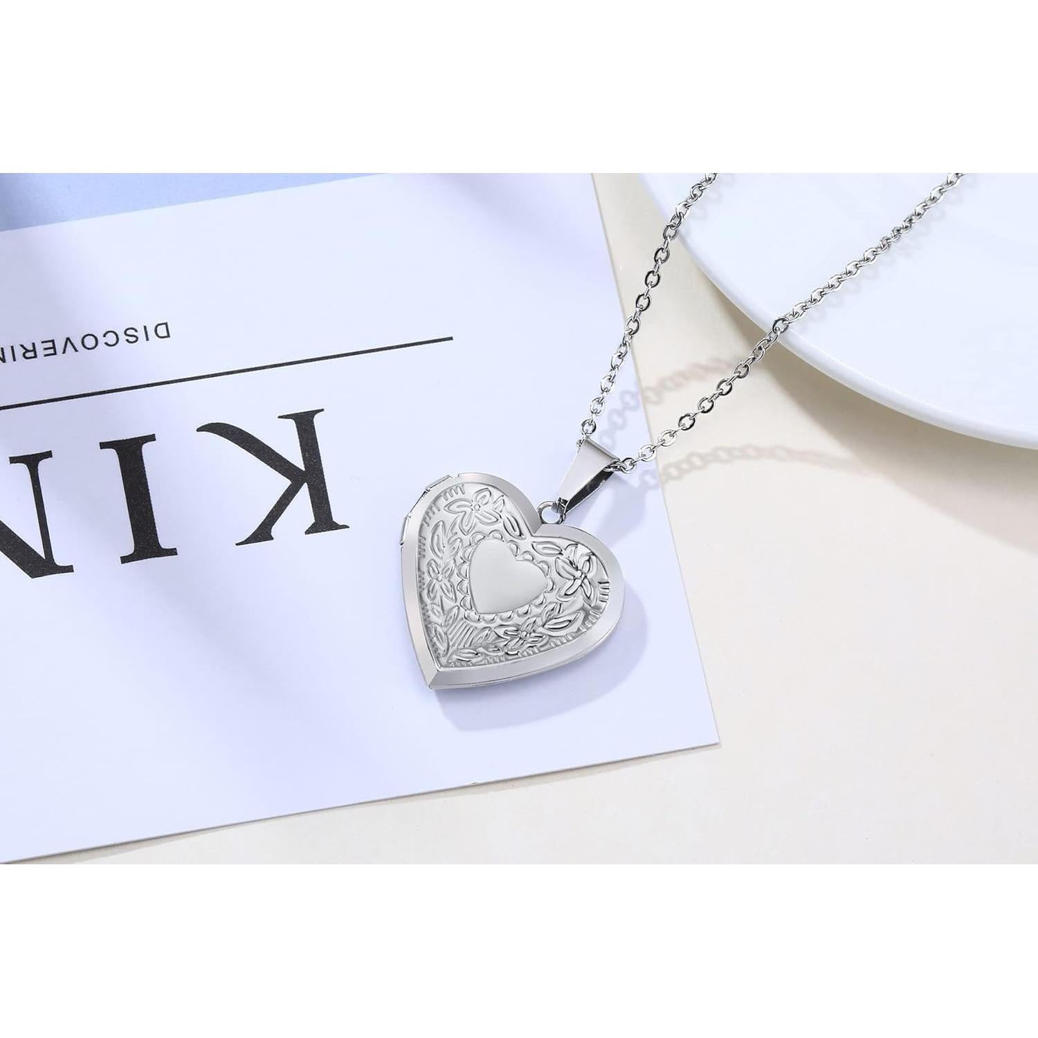 Collar Locket de Acero Inoxidable 2 Piezas Corazón Plata