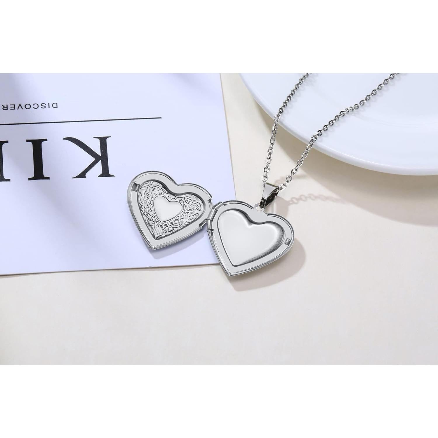 Collar Locket de Acero Inoxidable 2 Piezas Corazón Plata