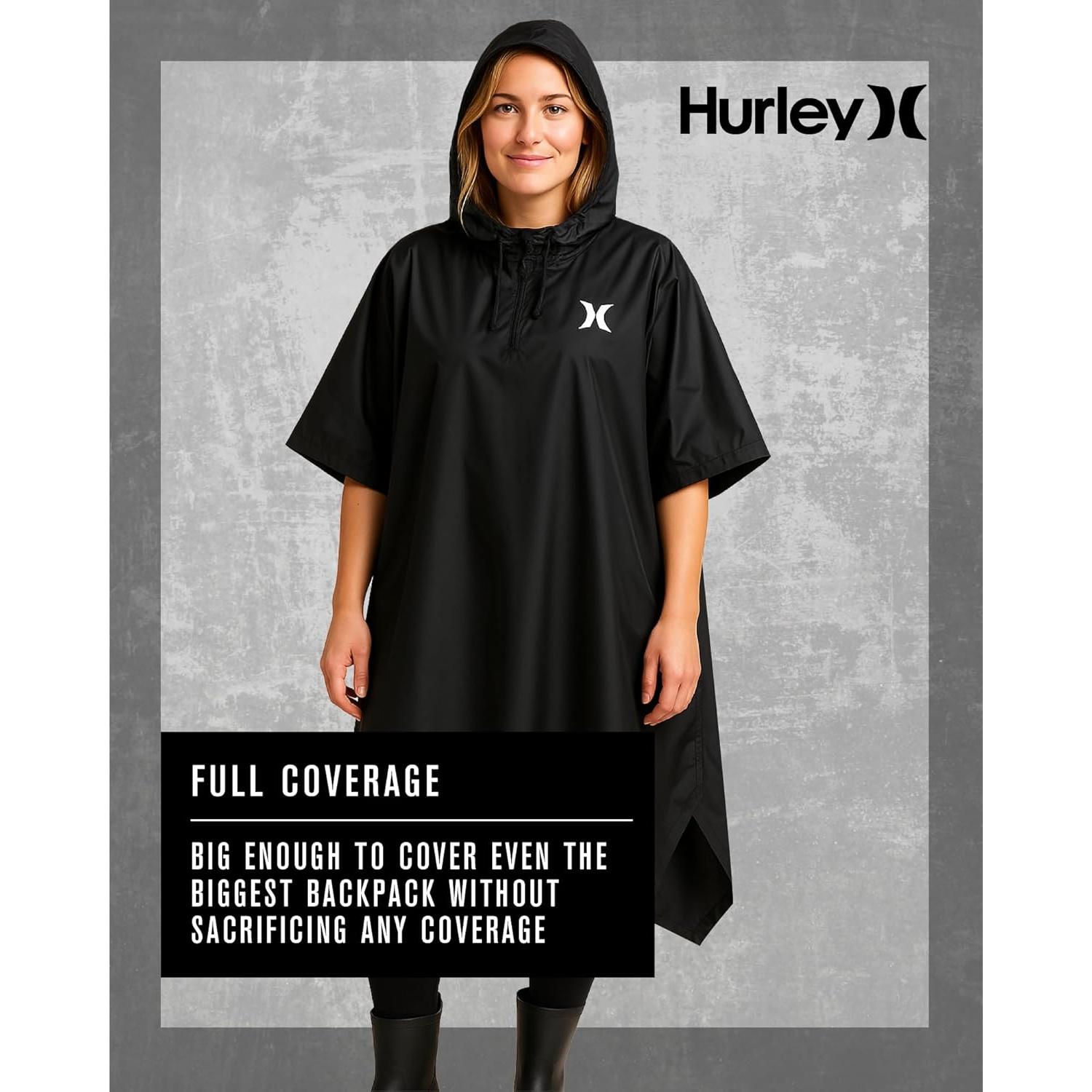 Poncho de Lluvia Impermeable Hurley para Adultos - Talla Única Negro