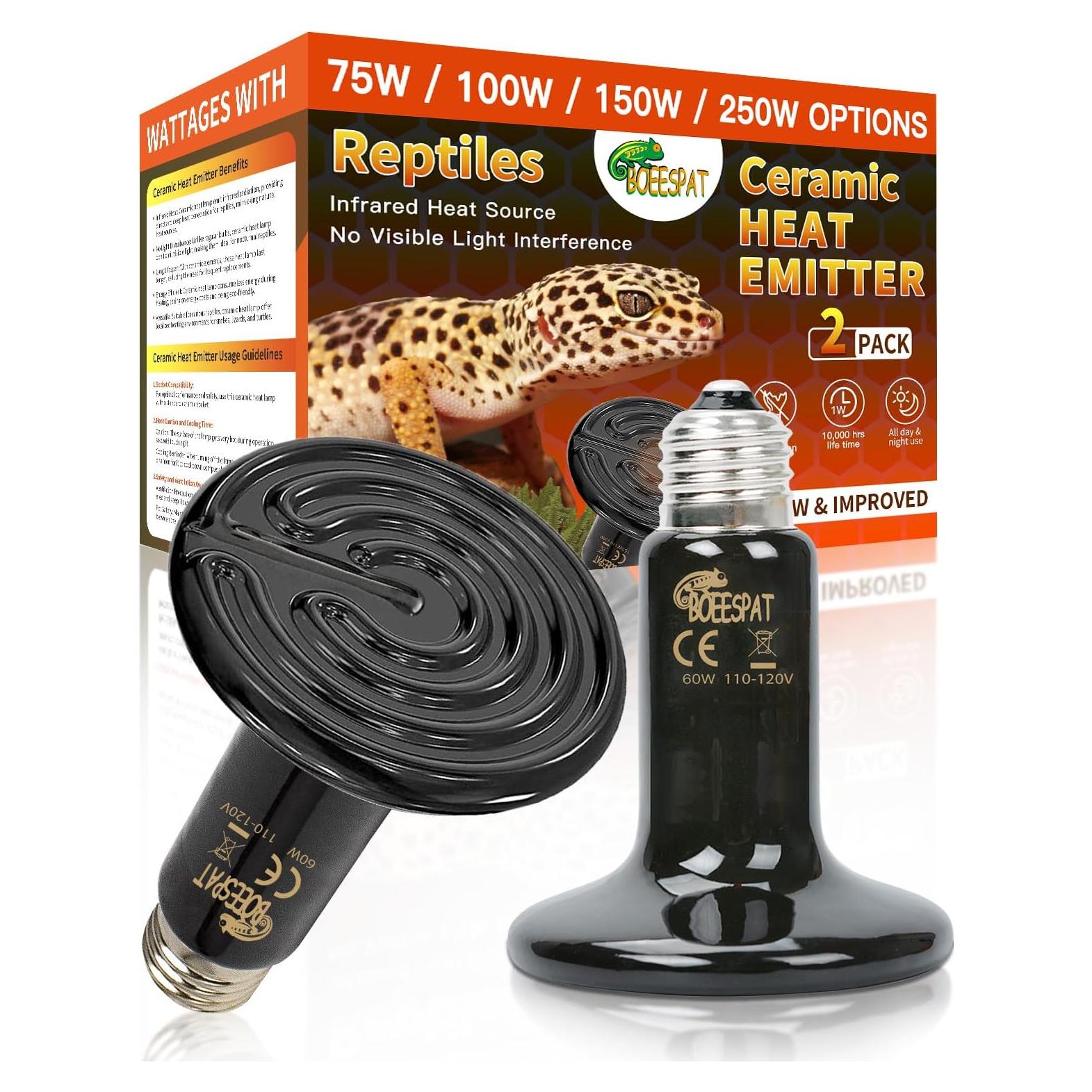 Energy Efficient 60W Reptile Basking Heat Lamp Bulbs, Pack of 2 Ceramic Heat Emitters for Tortoise, Bearded Dragon, Lizard, Iguana, Reptile (Black, 60 Watts)