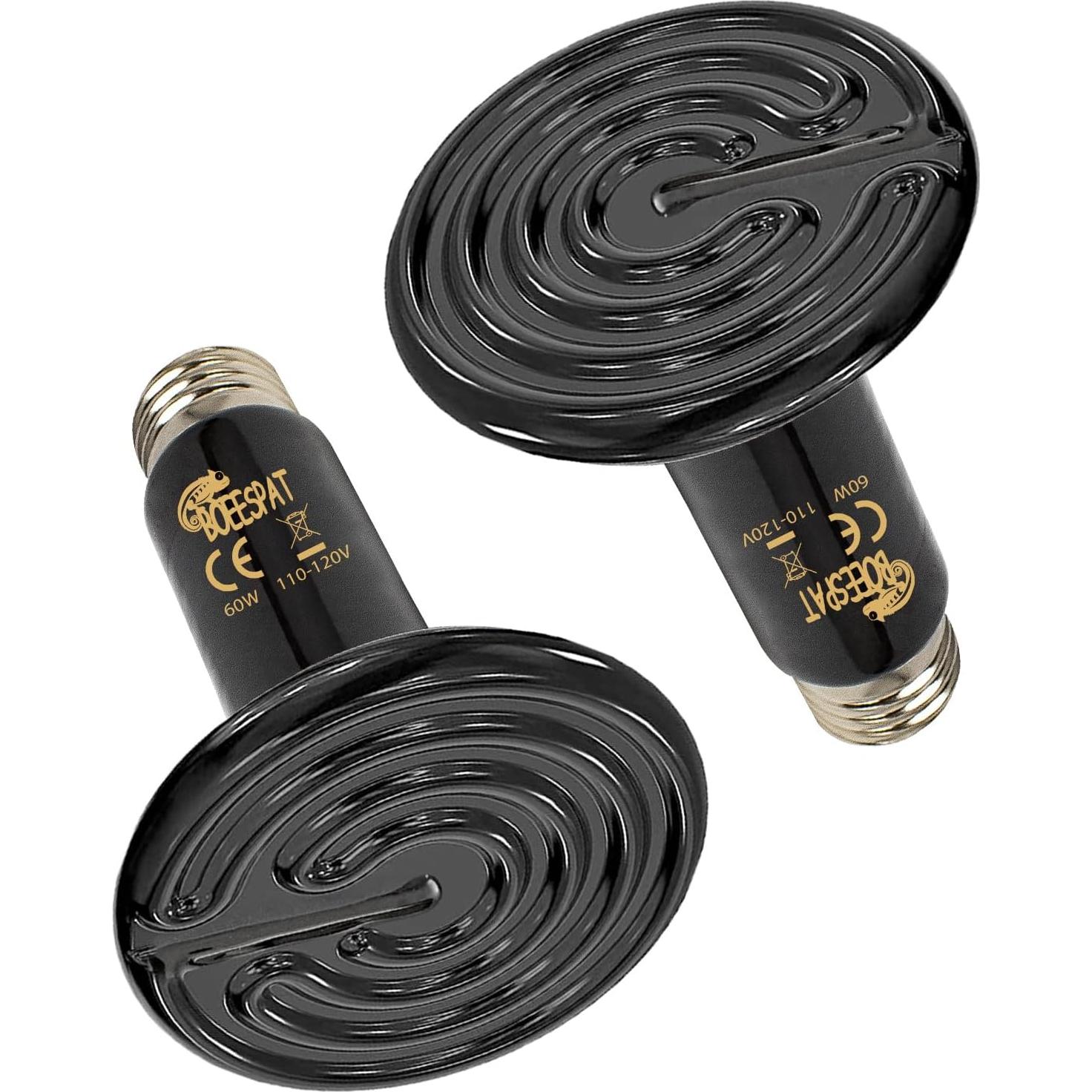 Energy Efficient 60W Reptile Basking Heat Lamp Bulbs, Pack of 2 Ceramic Heat Emitters for Tortoise, Bearded Dragon, Lizard, Iguana, Reptile (Black, 60 Watts)