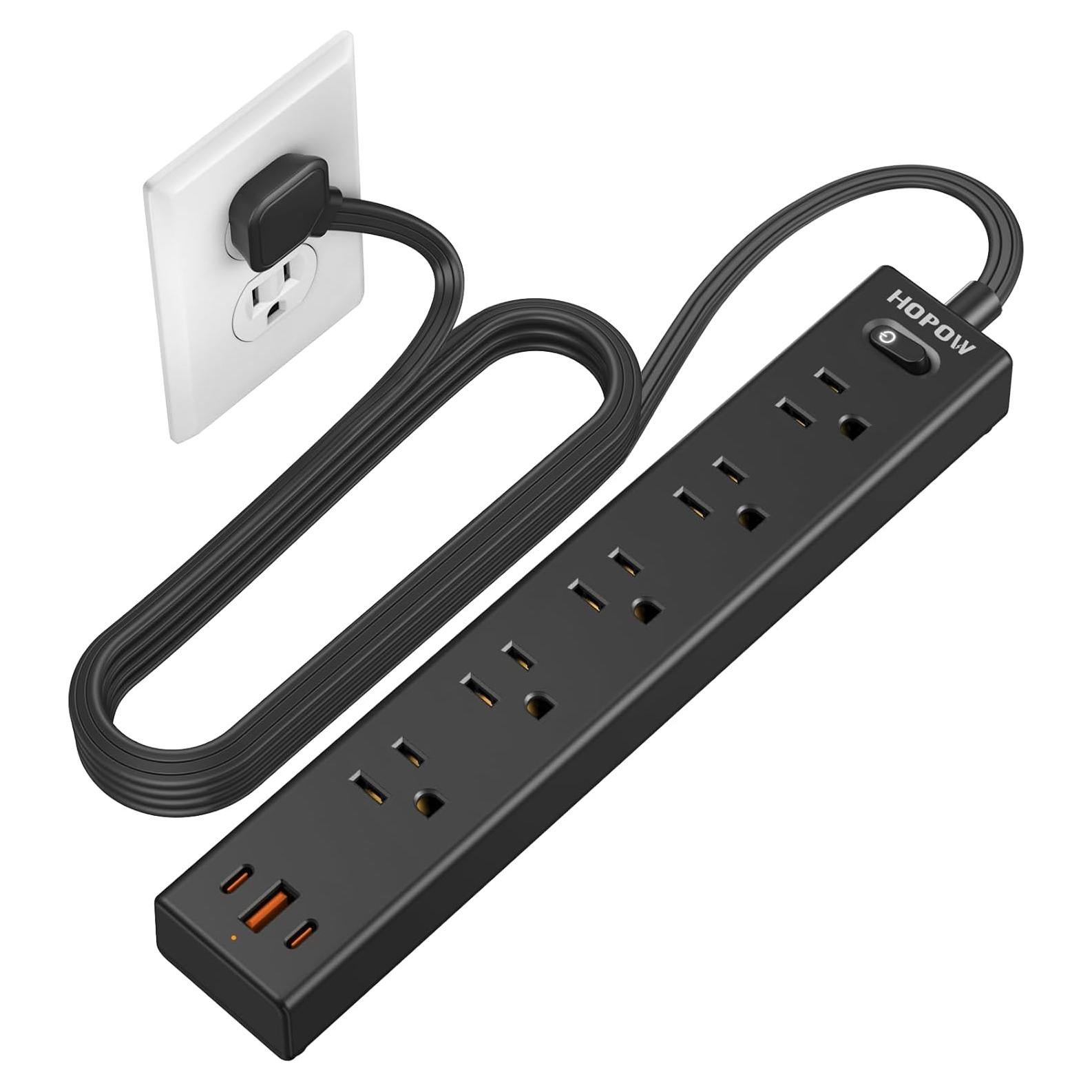 Regleta de Enchufes Plana HOPOW 1.83m 5 Salidas 3 USB Negro