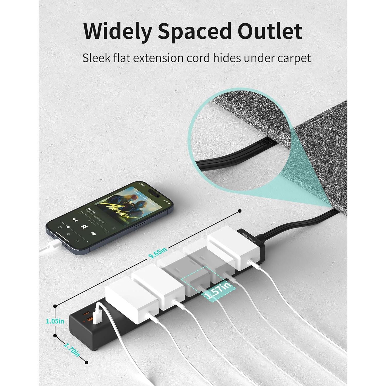 Regleta de Enchufes Plana HOPOW 1.83m 5 Salidas 3 USB Negro