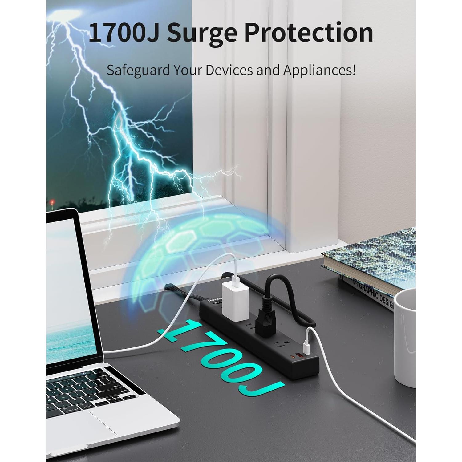 Regleta de Enchufes Plana HOPOW 1.83m 5 Salidas 3 USB Negro