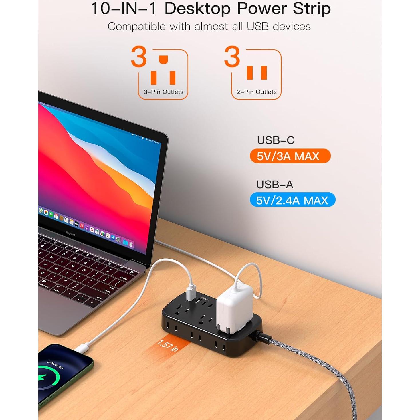 Regleta BESHON 5FT con 6 salidas y 4 puertos USB-C