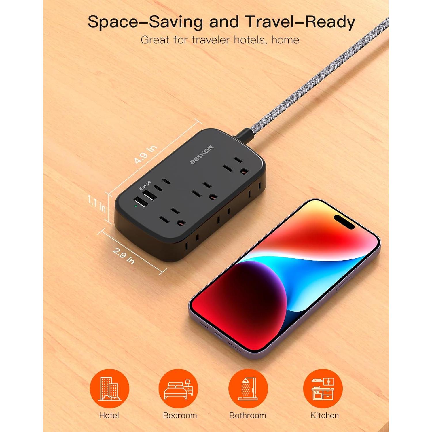 Regleta BESHON 5FT con 6 salidas y 4 puertos USB-C