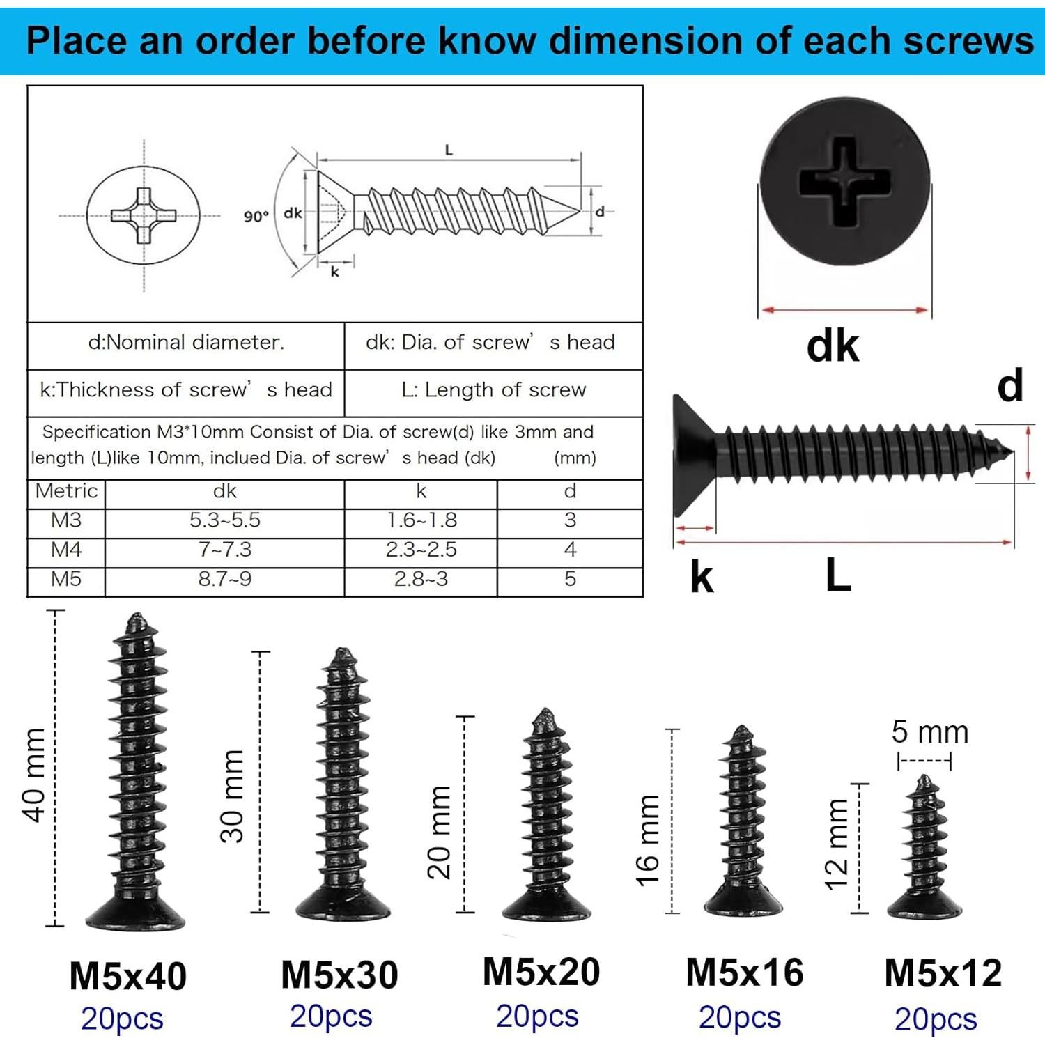 Juego de 100 Tornillos Autoperforantes M5 Phillips Negro