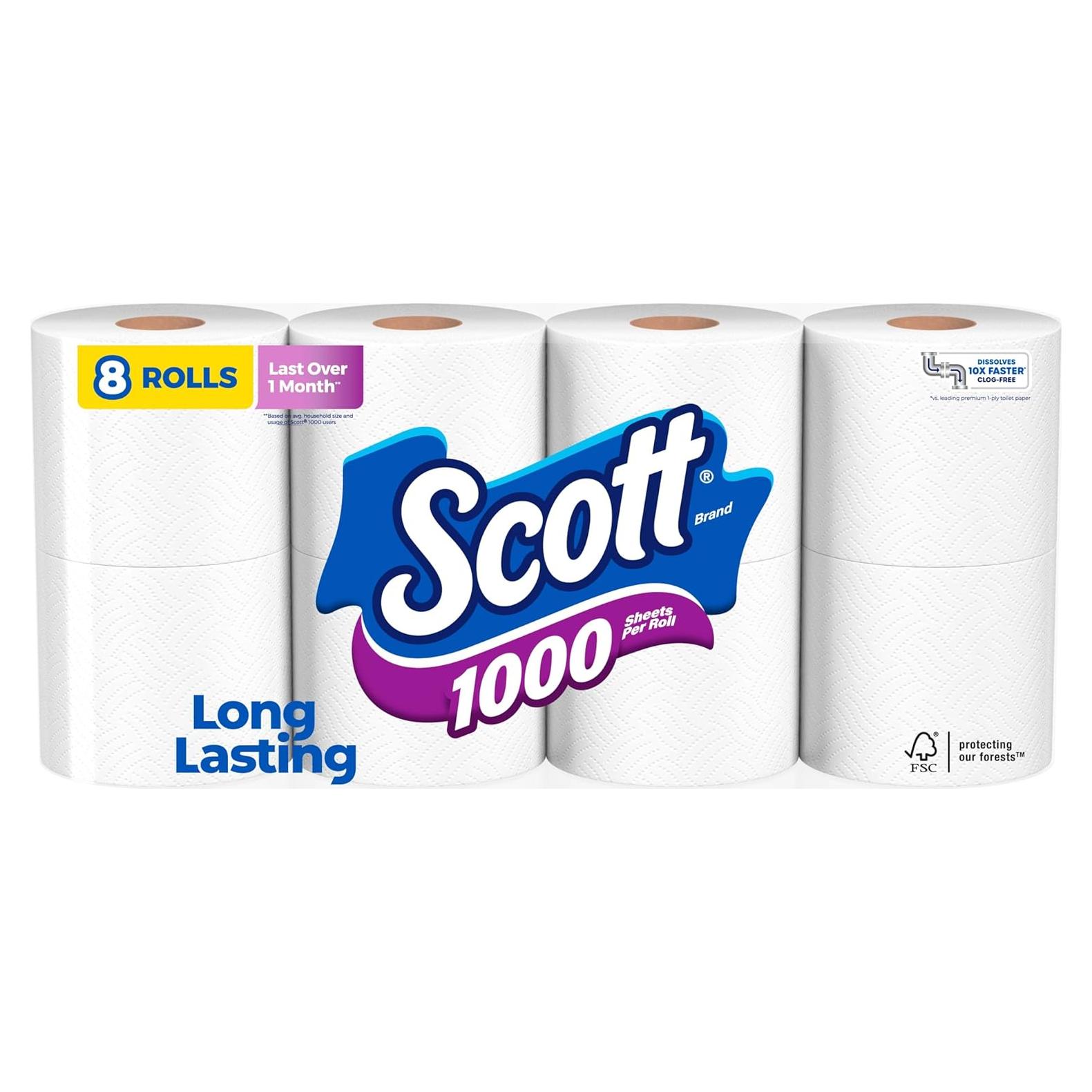 Papel Higiénico Scott 1000, 8 Rollos, 1000 Hojas, 1 Capa