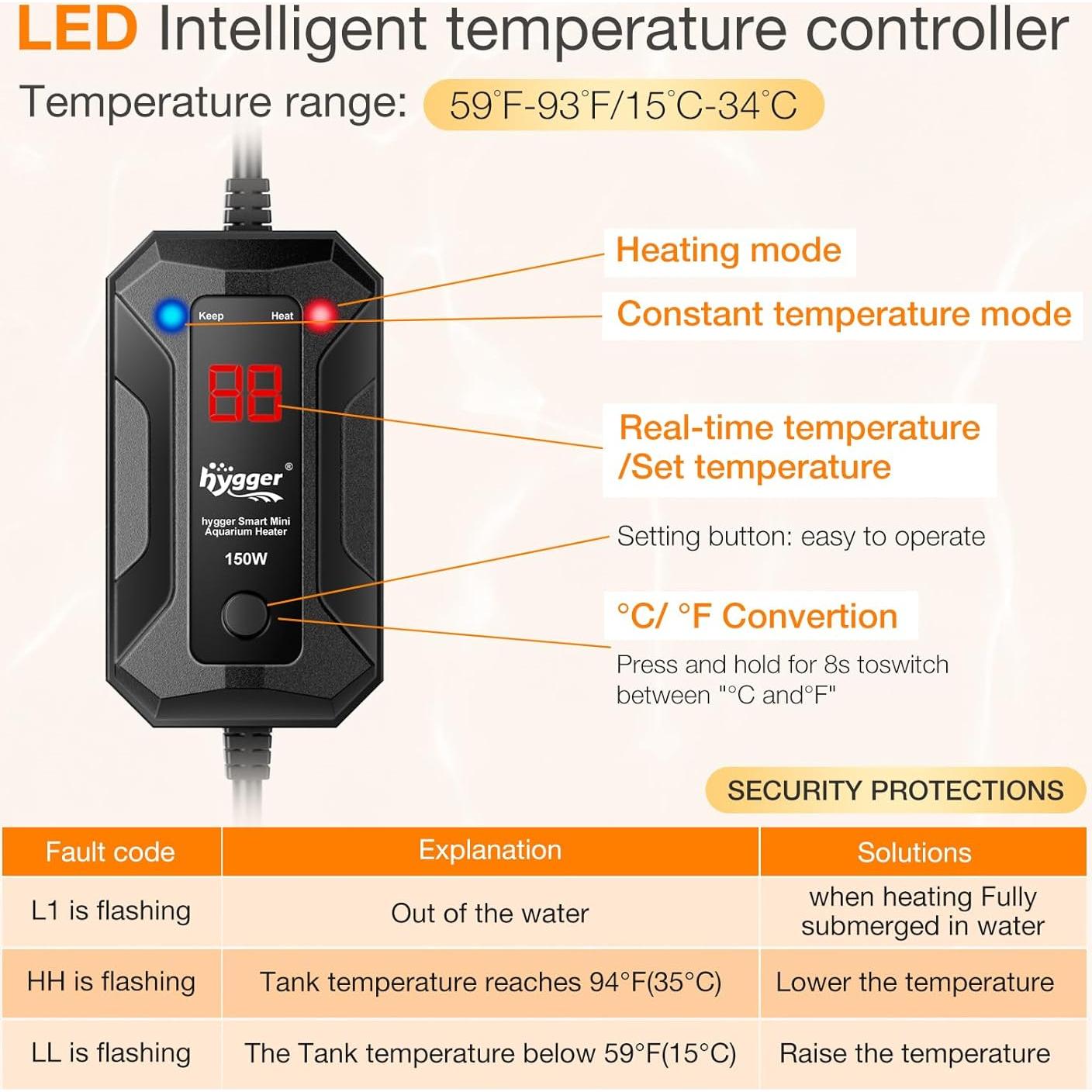 Calentador de Acuario Mini Hygger 50W para 30-60 Litros