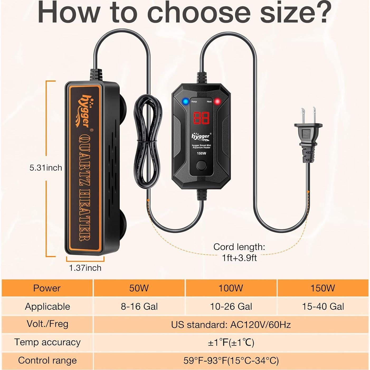 Calentador de Acuario Mini Hygger 50W para 30-60 Litros