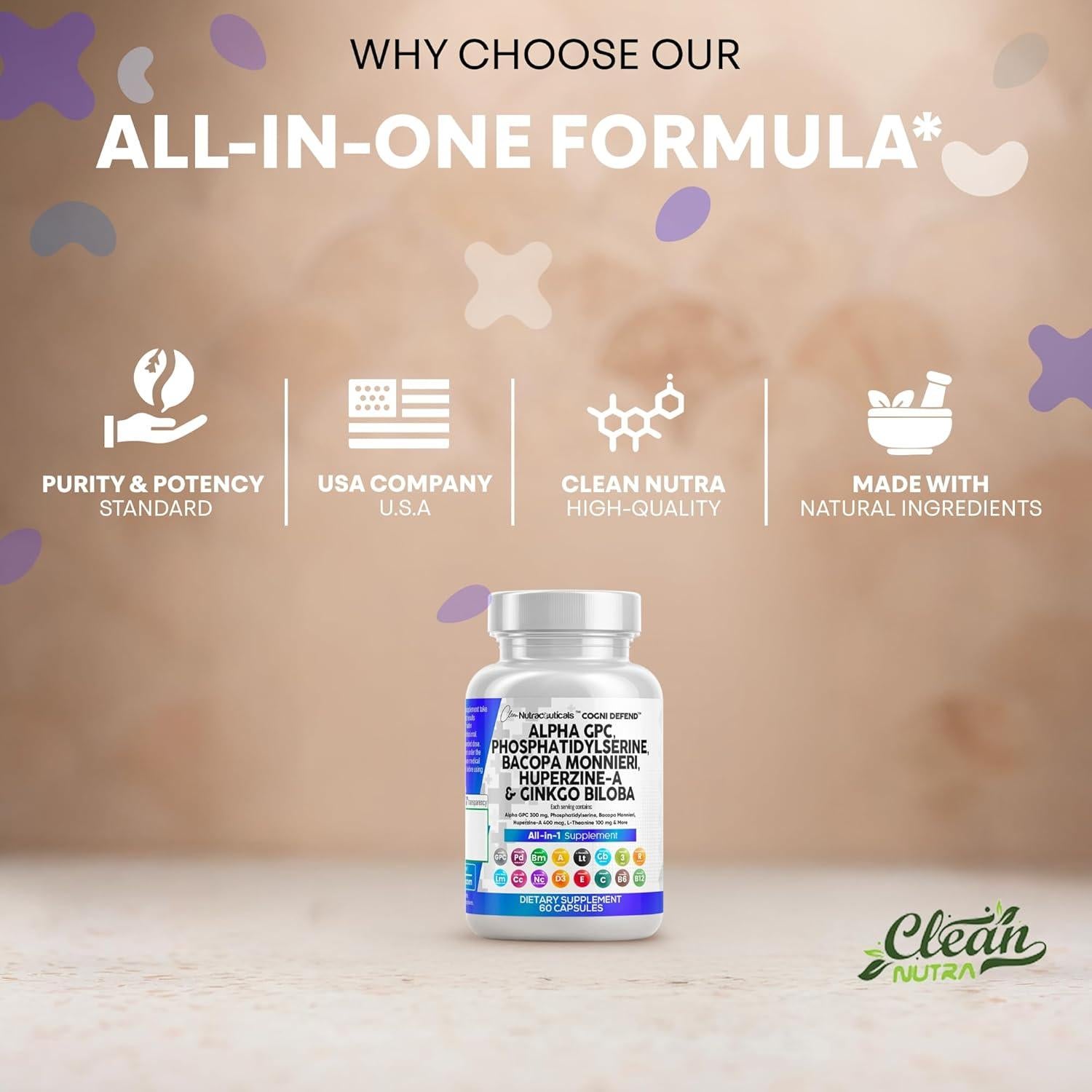 Suplemento Alpha GPC Clean Nutraceuticals 300mg 60 Cápsulas