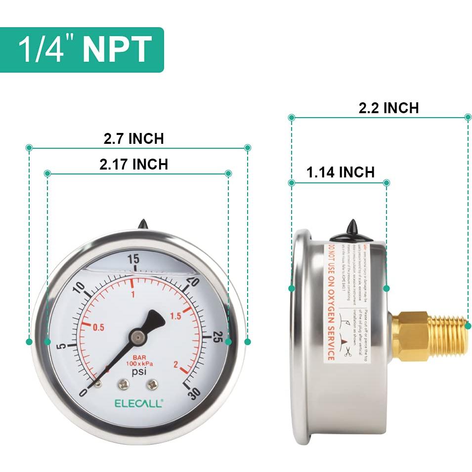 Manómetro de Presión ELECALL 0-30 Psi Acero Inoxidable 2.5"